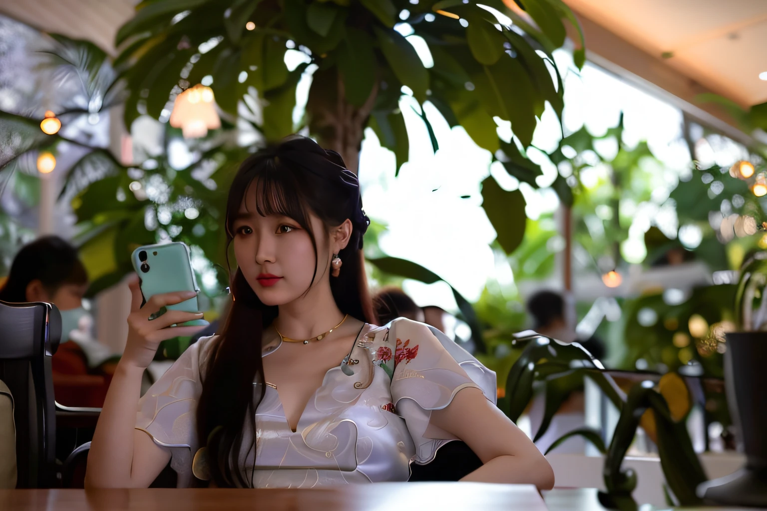 There was a woman sitting at a table，holding cell phone, shaxi, xintong chen, trending at cgstation, wenfei ye, Cai Xukun, Chinese girl, gorgeous chinese models, 8k selfie photograph, Inspired by Huang Ji, trending on cgstation, xision wu, xue han, jinyiwei, Li Zixin