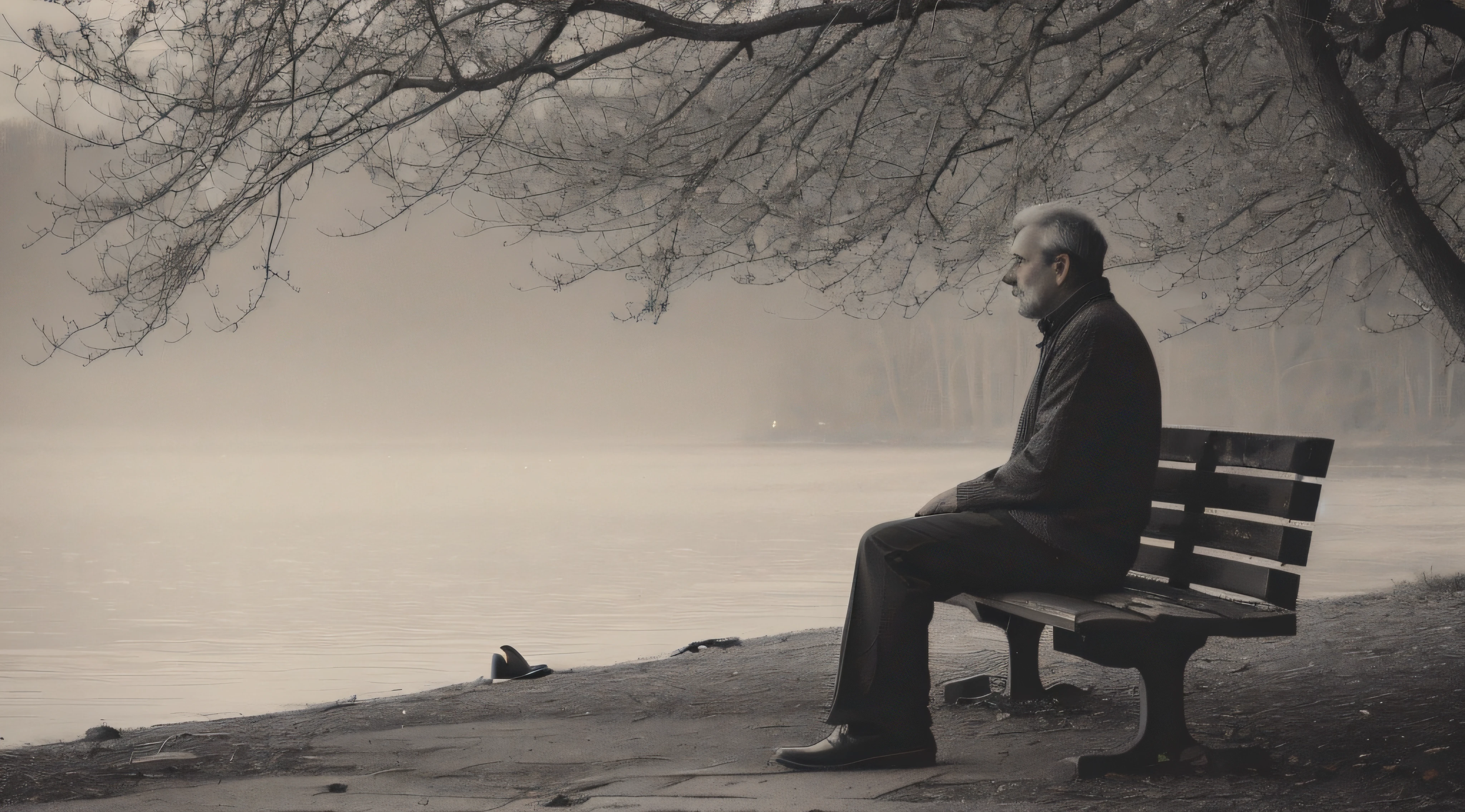 there is a man sitting on a bench by the water, pensive lonely, sad man, lost in thought, sitting alone, a very sad man, lonely and sad, loneliness, pensive, sitting on a bench, pondering, thoughtful, sitting on bench, his mind contemplating eternity, contemplating existence, sit on a bench, man sitting facing away, solitude