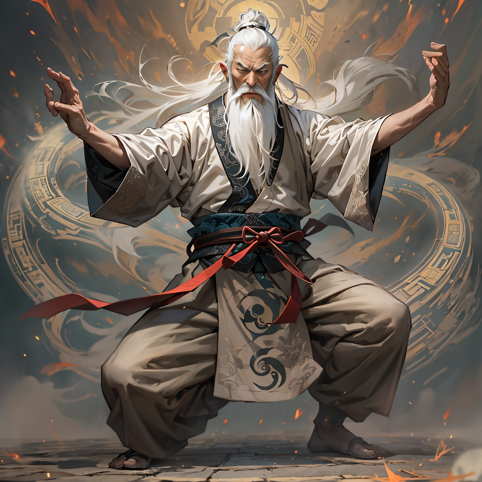 historic, elder, warrior,Wounded,Shirtless, Japanese sword, Long white hair, Long white beard，warrior,Grandpa, burst，Kneeling，Ink Painting、Japanese swordを手に持っている、force、strongest