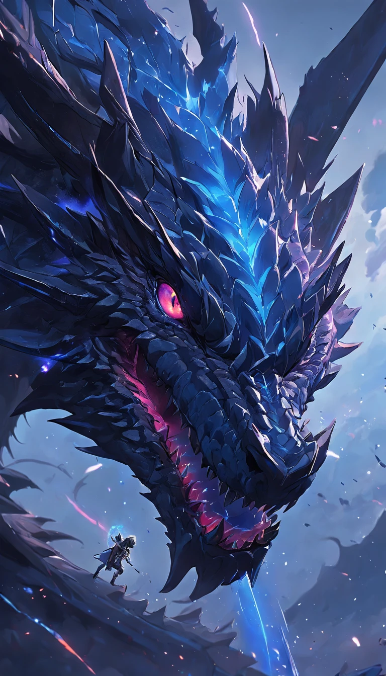 Black dragon close-up, Deep bright blue eyes, Winged, Planetary background, epic fantasy sci fi illustration, Epic fantasy digital art style, The dark colors are mainly black and blue, epic scifi fantasy art, 4K fantasy art, Amazing space creatures, fantasy planet, Art fantastique grand angle, 8K fantasy art, Concept art wallpaper 4K, epic fantasy illustration, epic fantasy digital art, Stunning 8K artwork