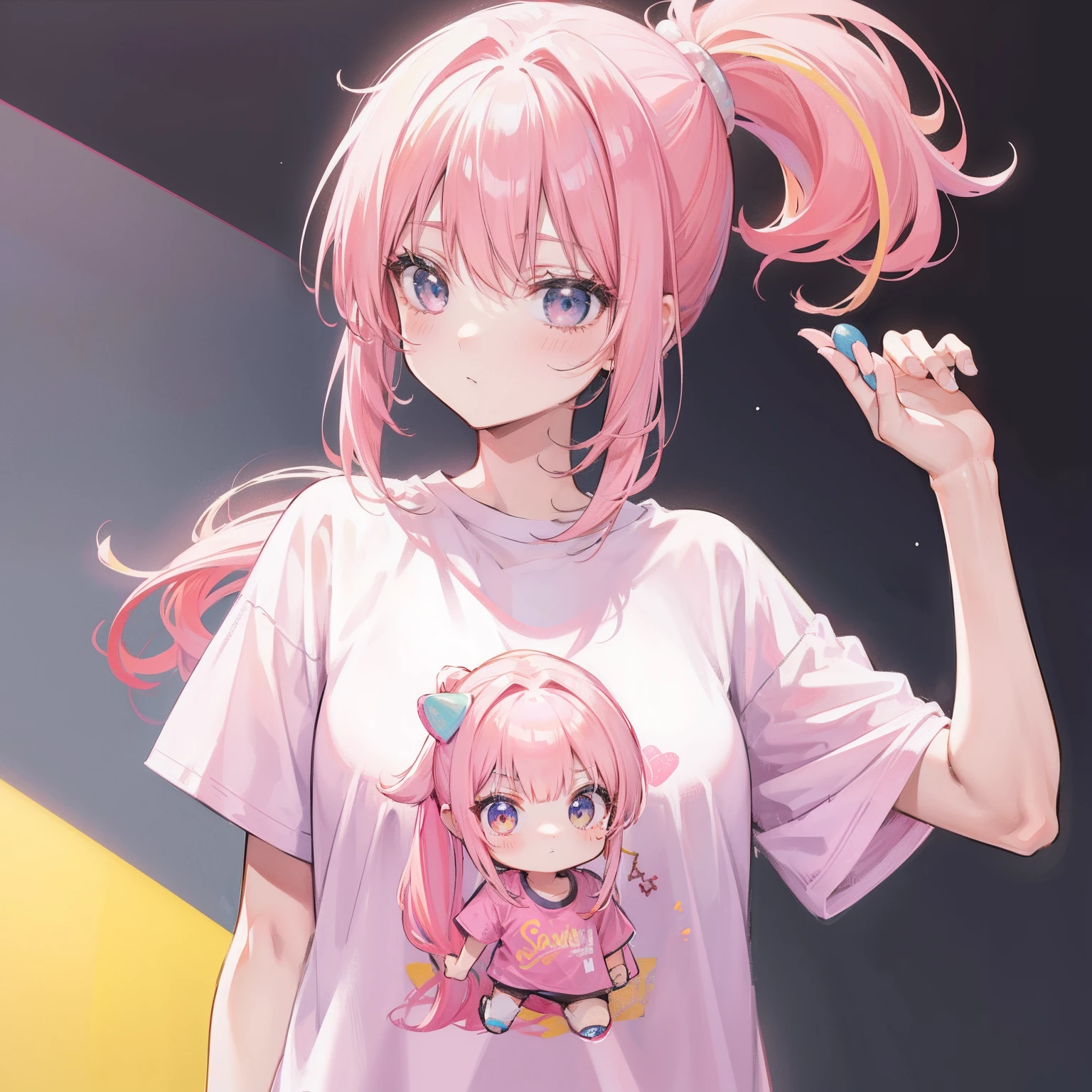 Pink with yellow hair,High ponytail,Pink T-shirt,Sweet and tall goddess