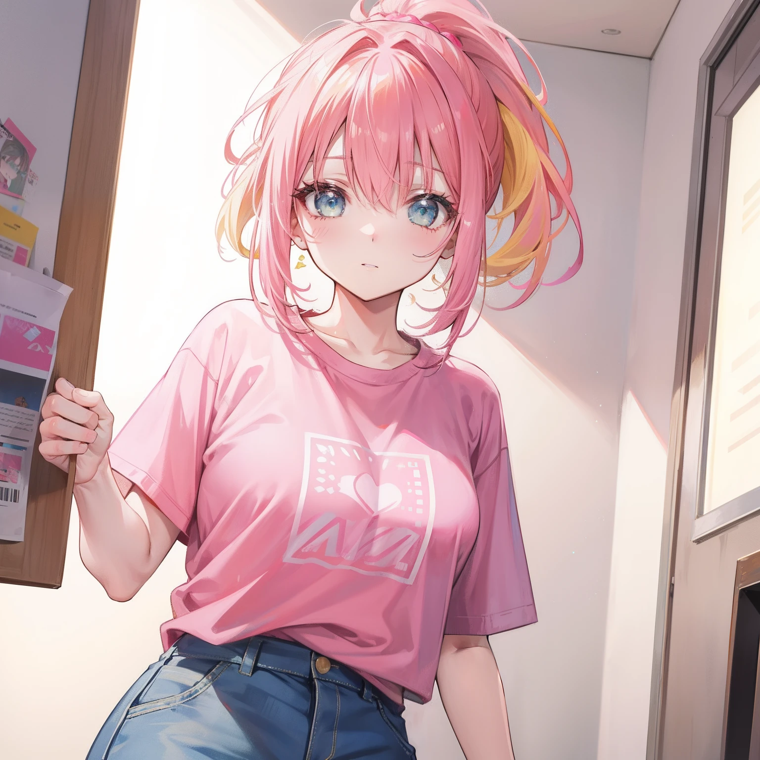 Pink with yellow hair，High ponytail，Pink T-shirt，Sweet and tall goddess