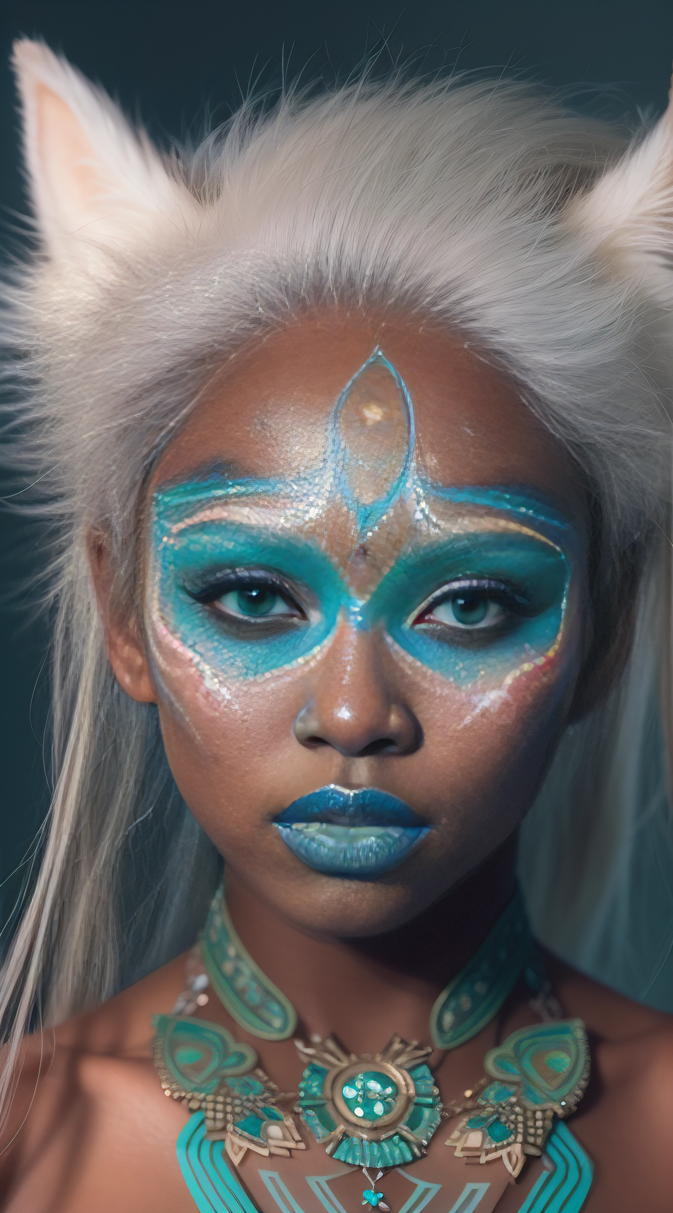32k, total nude full body view from head to toe of black skin asian face young skinny petite woman, ((without clothes, black skin, absolutely nude, small boobs)), very beautiful tribal raccoon sexy skinny young 20 yo woman with excessive intricately detailed vivdly colorful facepaint bodypaint makeup, stunning radiant teal eyes, gorgeous white hair with pink highlights, magical night sky background, (total nude) full length body shot, trending on artstation, sharp focus, studio photo, intricate details, highly detailed, 32K resolution, perfect composition, perfect face, ultra detailed