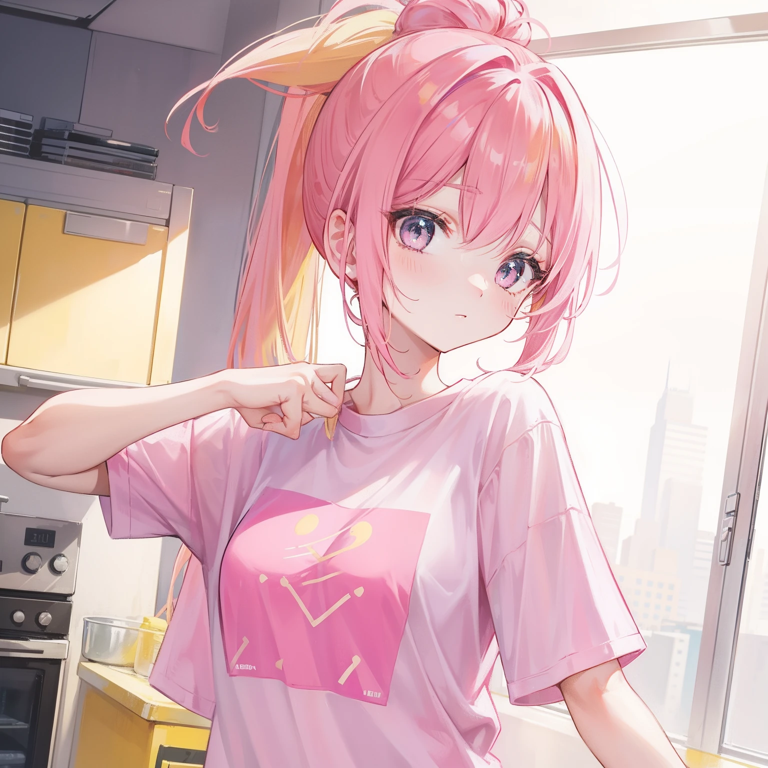 Pink with yellow hair,High ponytail,Pink T-shirt,Sweet and tall goddess