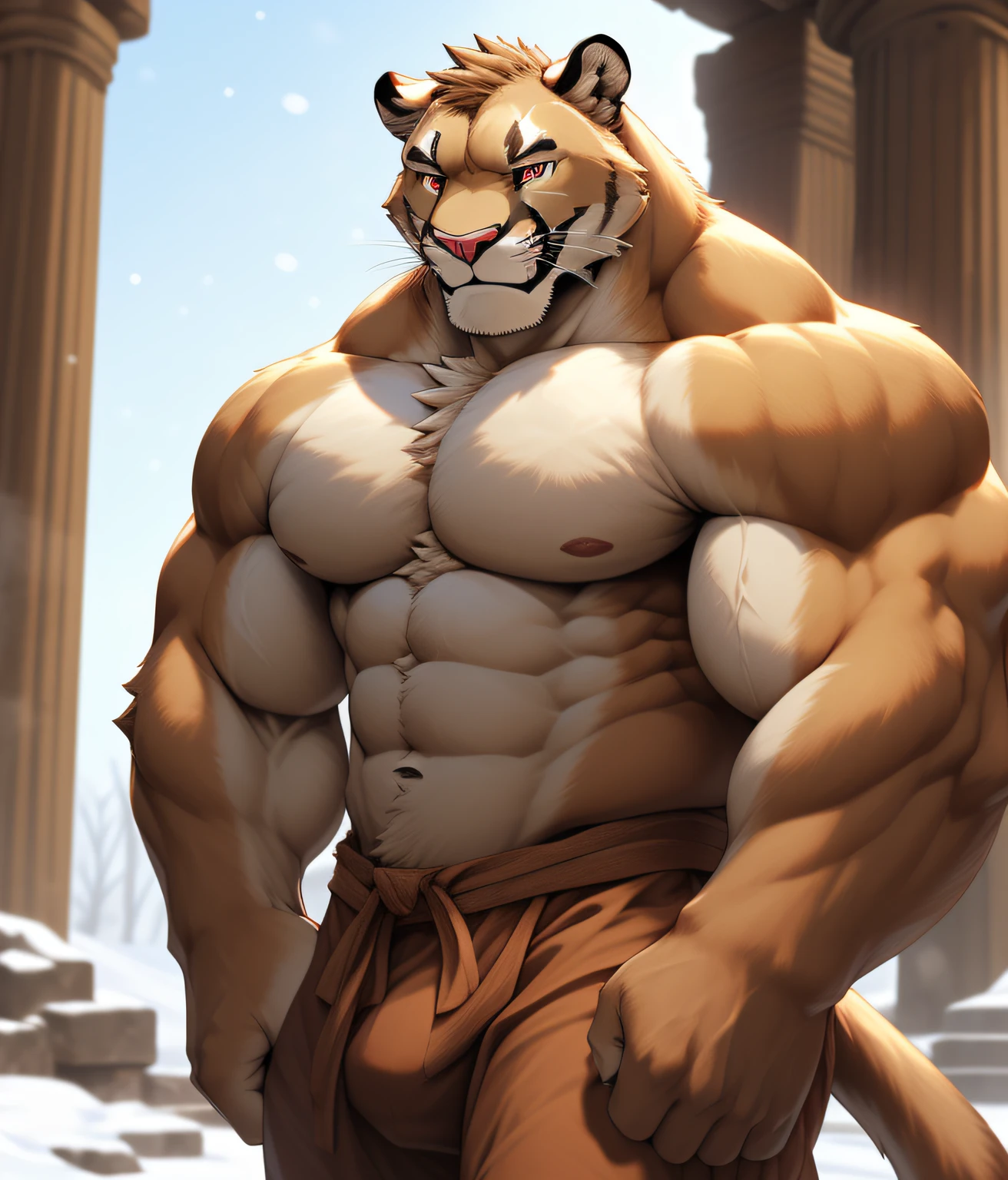 nj5furry, snowy sky, (a cougar, shirt, ripped muscles, topless, huge)), cream brown fur, ((full body)) male, kemono, ((extremely realistic shadows, masterpiece, extremely detailed, photorealistic), (( a cougar), ((All his fur is the same color) firm chest, broad shoulders, strong mature man, bodybuilding posture, carefree expression, mischievous smile, sexy, detailed face, beautiful, huge, muscular and massive body, pecs bulging, muscular abs, narrow waist, cream brown fur, (short hair), red nose, red eyes, brown Jedi-style baggy pants dark, medium crotch bulge, snow on him; Ruins of a Jedi temple with ancient stone statues on a frozen wasteland with a falling snow over the ruins.