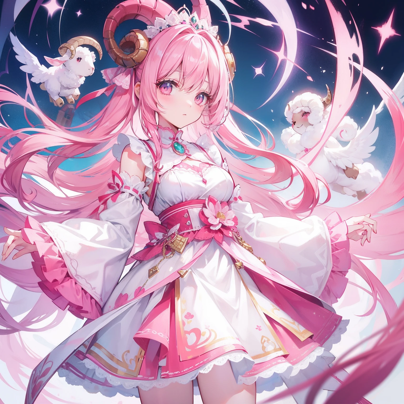 Anthropomorphic beauty sheep,Sweet goddess in pink and white colors