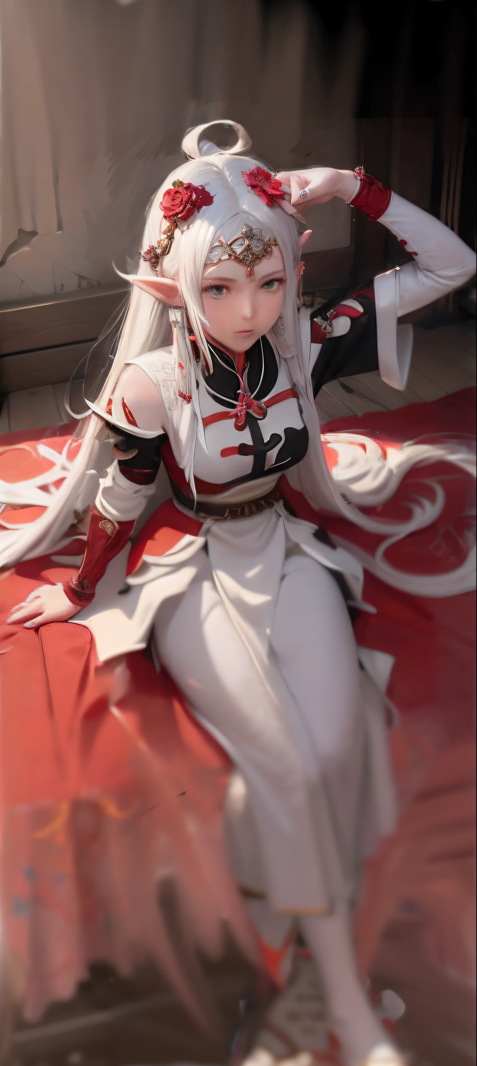 Libido boy,White medium-long hair,red pupils,Dressed in heavy medieval armor,quadratic element,Cross symbol,Caesar spike leaf crown。