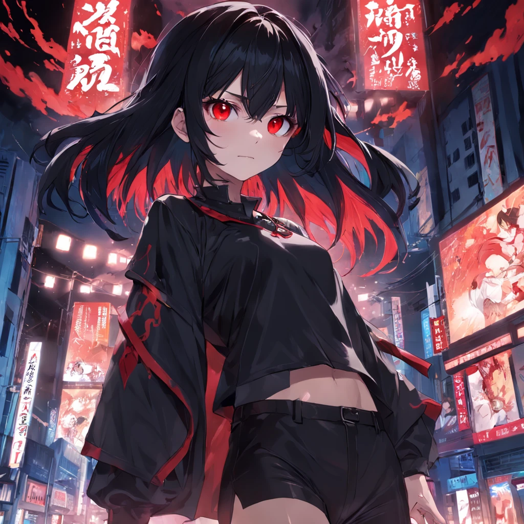 night,Bedrooms,21yo,Black hair and red eyes,shoun,White T-shirt,black long pants,Look in the mirror,Evil laughter