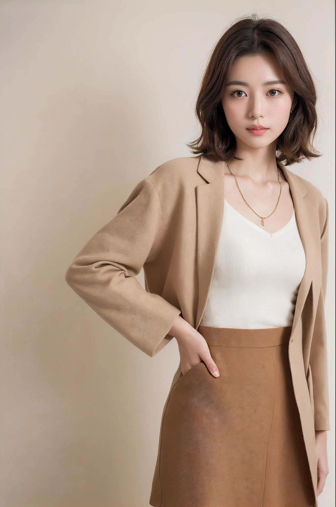 (top-quality、8k、32k、​masterpiece、UHD:1.2)、Photo of a cute Japanese woman、1girl in、(Medium short dark brown hair)、二重まぶた、Light beige suit jacket、white tank tops、Brown skirt、Necklace with small charm、Ai Uehara standing against a white wall