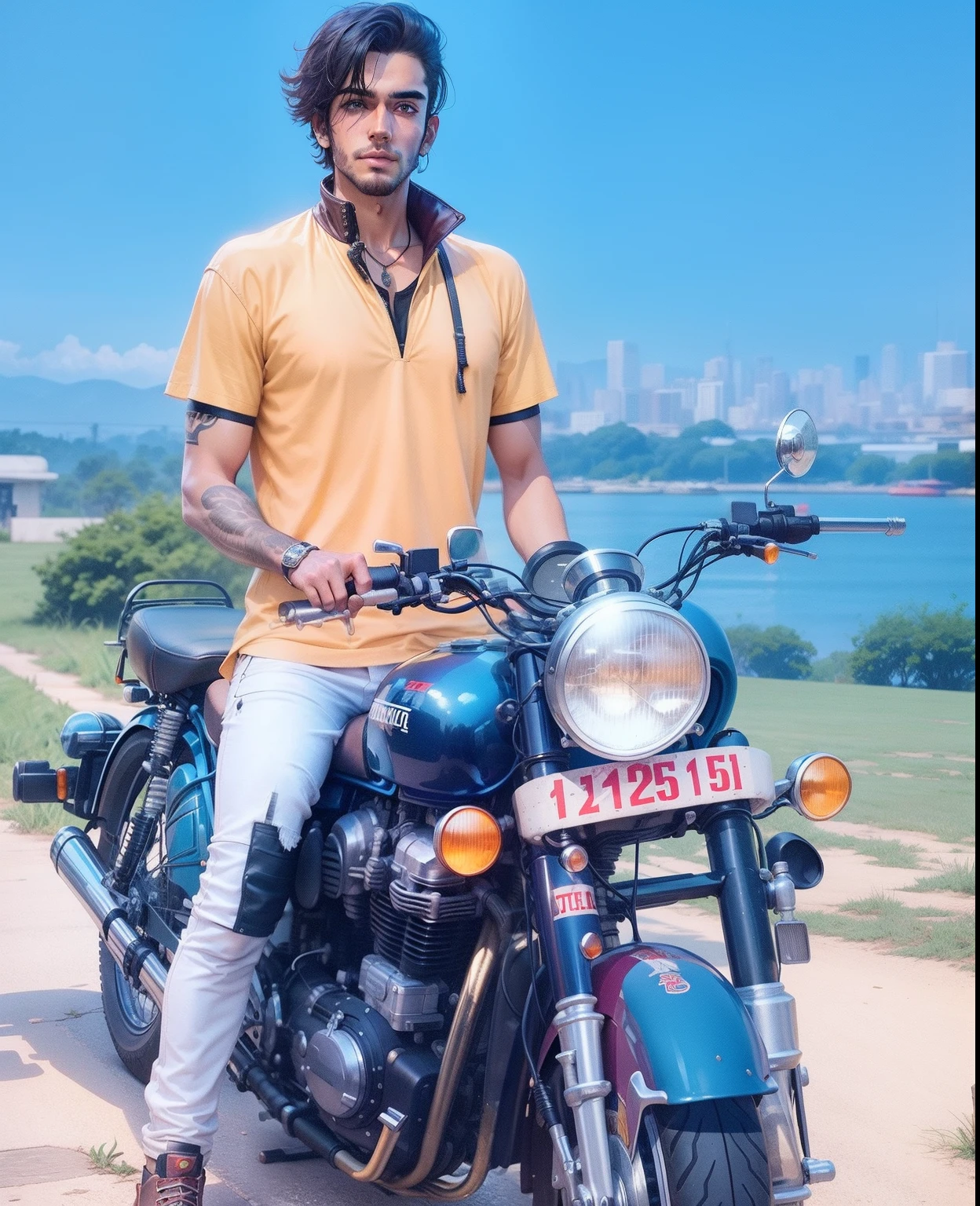 Cyberpunk handsome boy in royal enfield classic