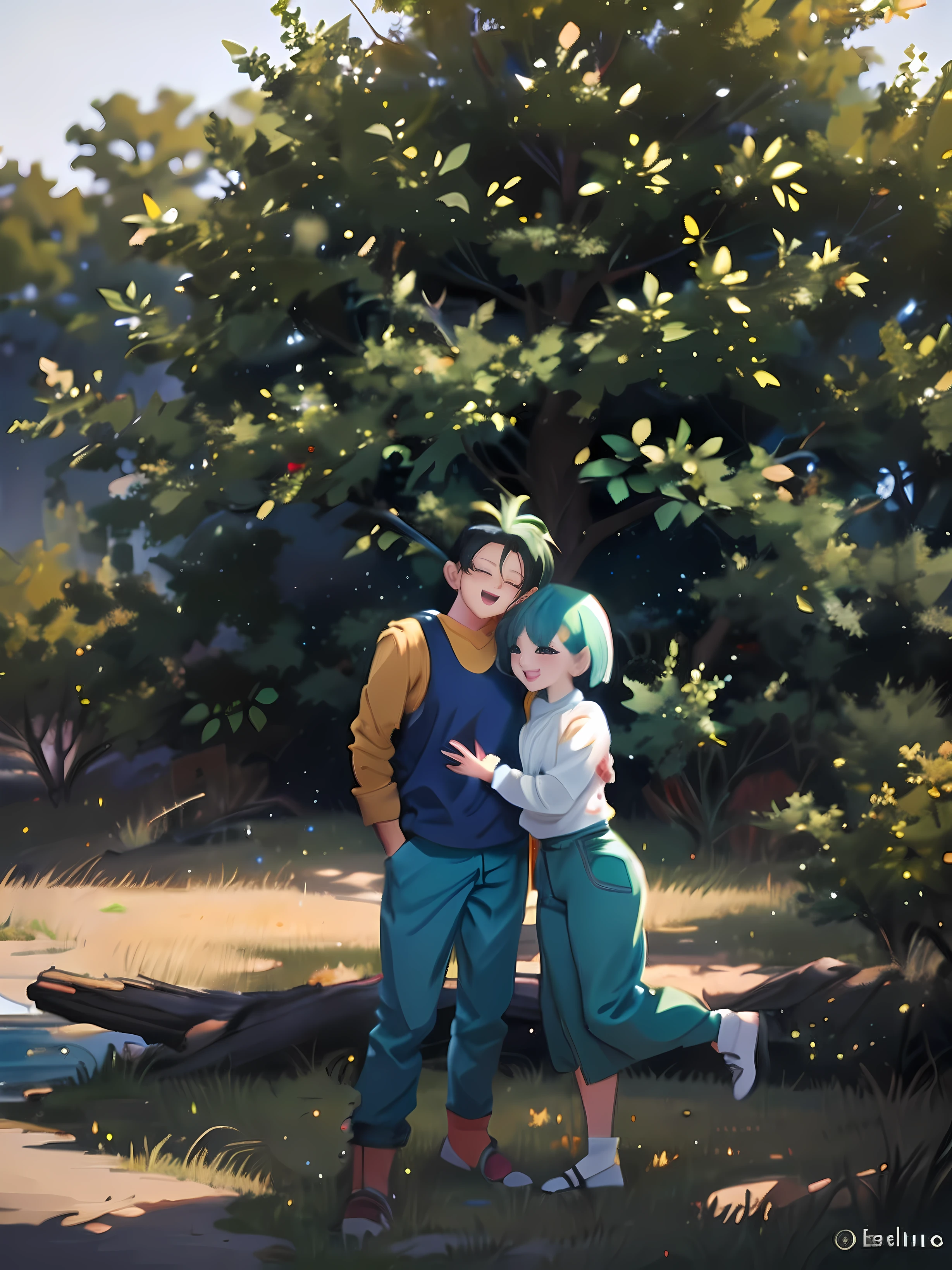 anime couple hugging under a tree in a park, illustration, happy and smile, dragon ball z, daragonball characters, high quality fanart,4k