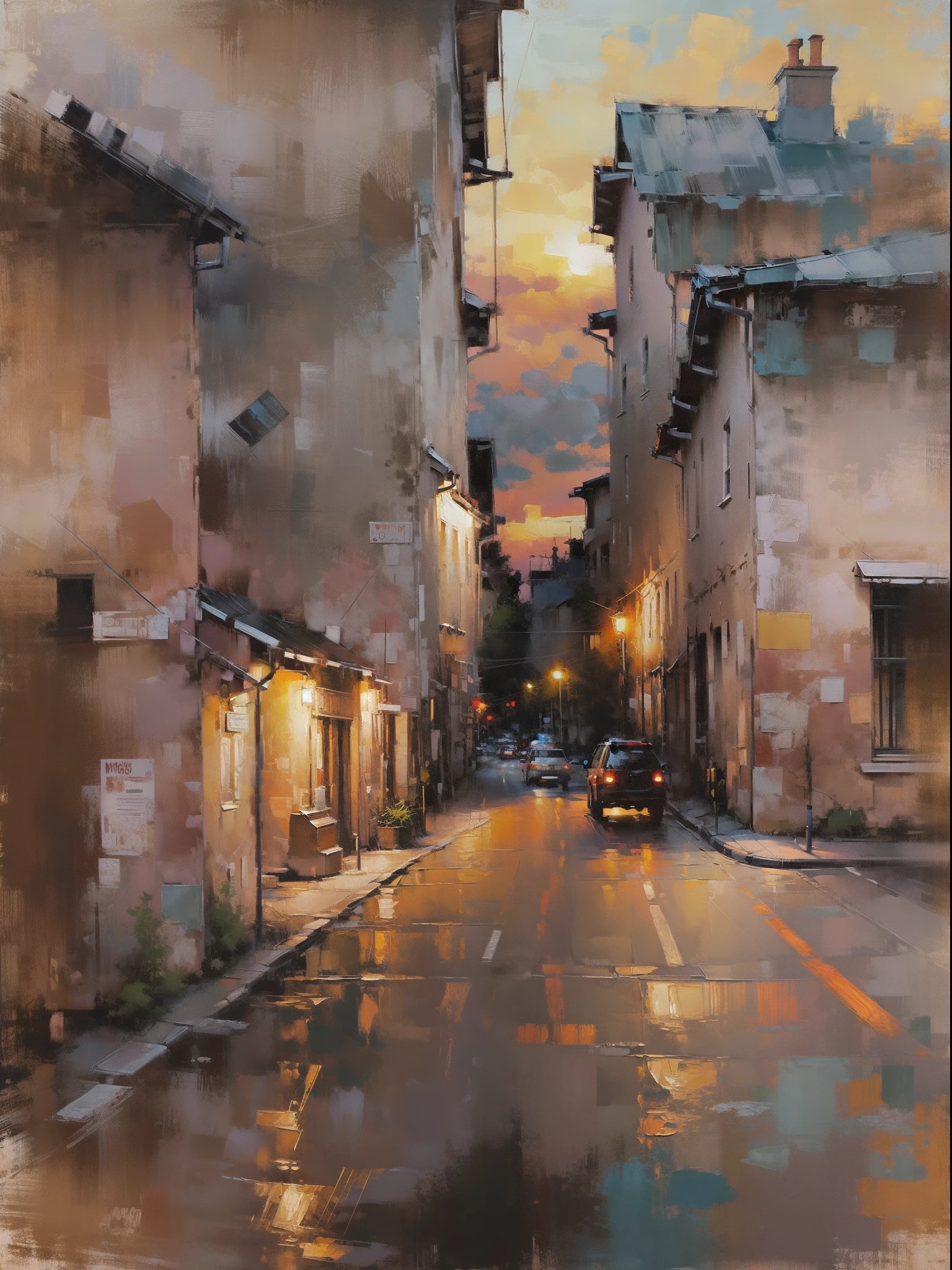 Cityscape  Print ,stree and old bilding, road lamp, sunset, vicheals. Oil Painting