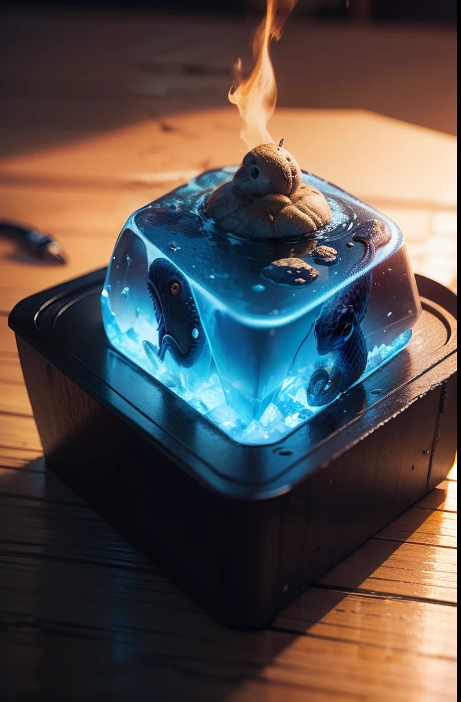 A snake crawled out of the flames, Its body is surrounded by blue ice mist，Bite on ice cubes in your mouth，The style is biased towards 80s vintage illustrations，handpainted，Top view，Crepuscular Rays，Old style，ultra realistic 3d illustration, 3D digital art 4K, cinema 4 d art，The style is biased towards 80s vintage illustrations ，Hip hop ，American illustration