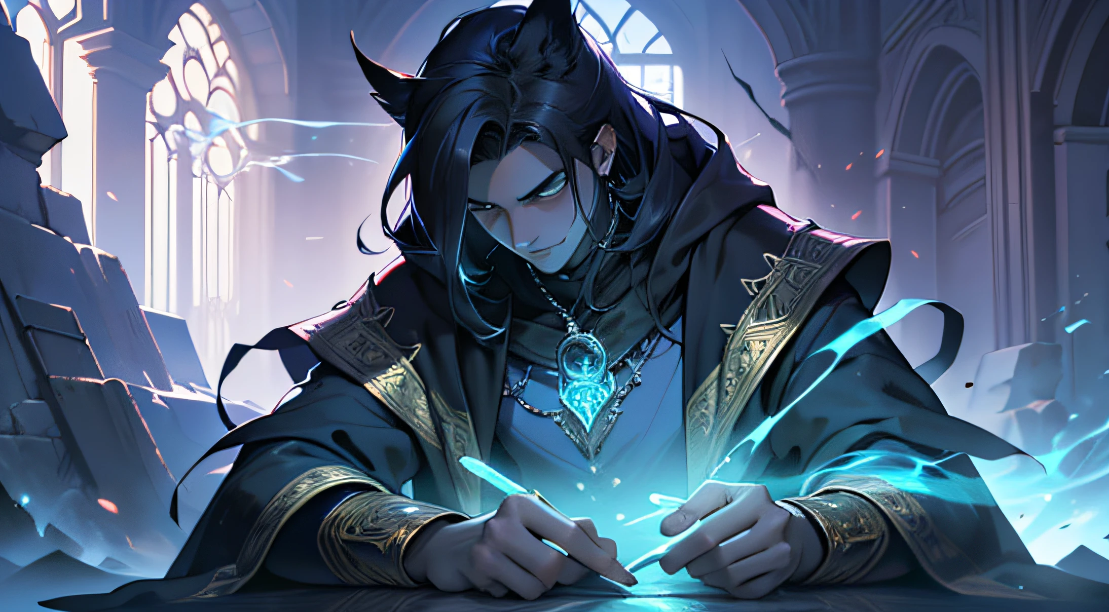 (Ultra detailed), (masterpiece), (best quality), (very detailed CG unit 8k wallpaper), a shadowy necromancer in his lair, (male), ((visible magical aura)), (((upper body))), dim light, soft light, concept art, dimly lit, forbidden magic accessories, cinematic, highly detailed, stylized wallpaper --auto --s2