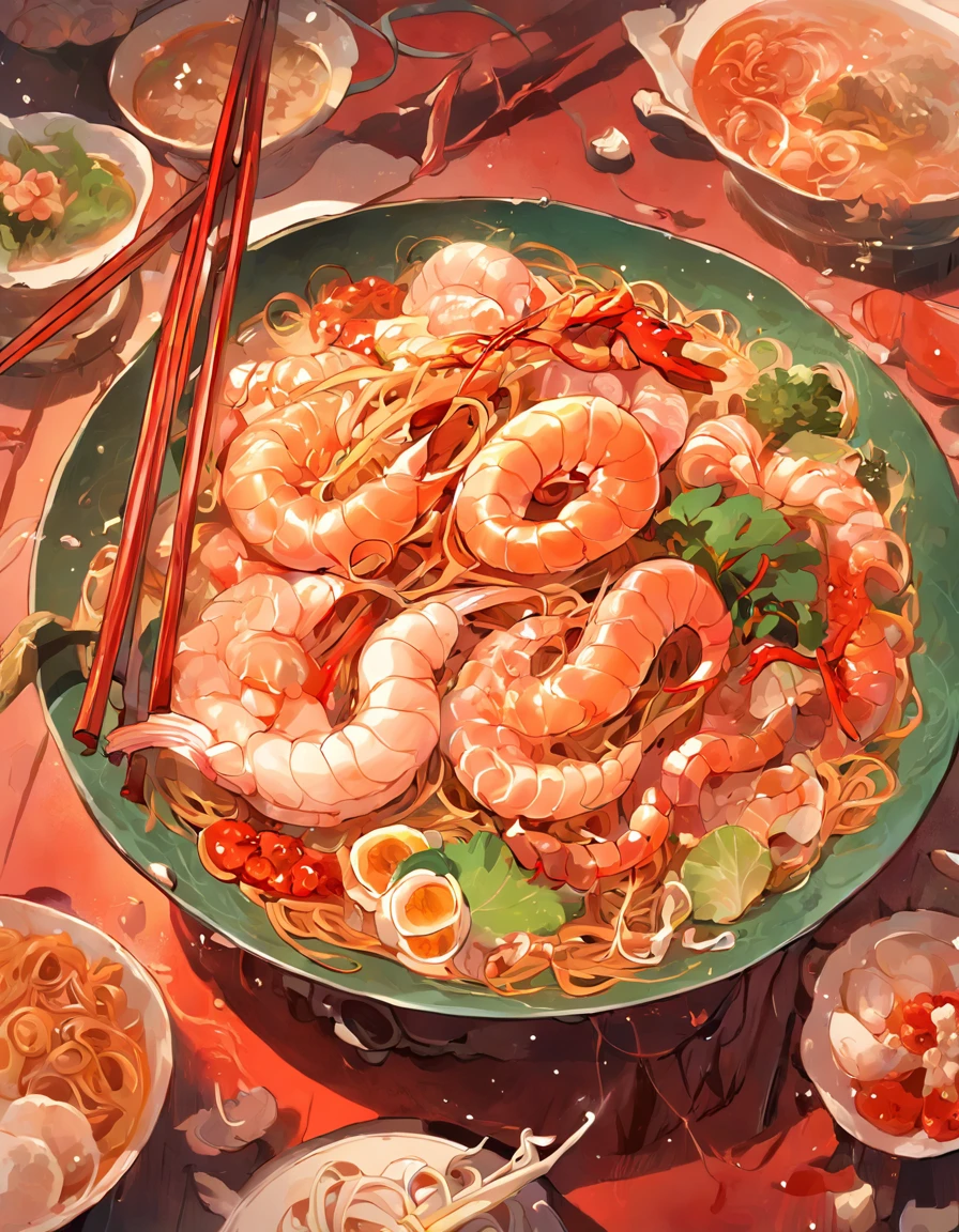 delicacies,Illustration style,Tempting appetite,autumnal,Autumn light close-up spicy noodles、White noodles、Thin noodles、Noodles make up the main body、Seafood mushrooms、Small octopus、Red oil、shrimps、Green peppercorns、Flower nails、chili pepper、vegetable、Chinese cabbage、Tofu bubbles , Super realistic food pictures, full subject shown in photo, A chopstick is filling the bowl with noodles