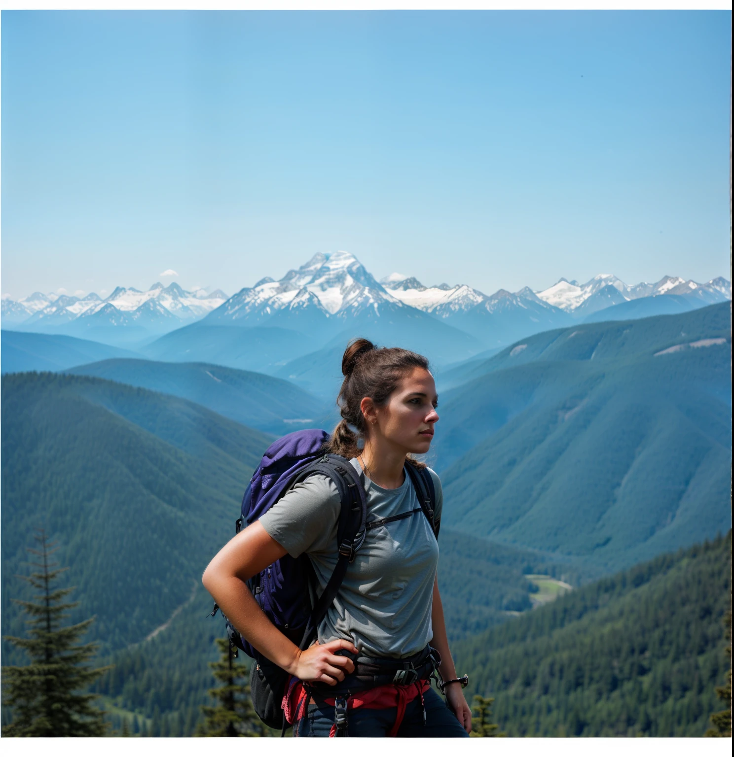 An American woman stands on a mountain with a backpack on her back, climbing mountain in washington, with the mountains in the background, onthe mountain, girl standing on mountain, with the mountains in the background, with the mountains in the background, mountain in background, solo hiking in mountains trees, In the mountains, At the summit, standing atop a mountain peak