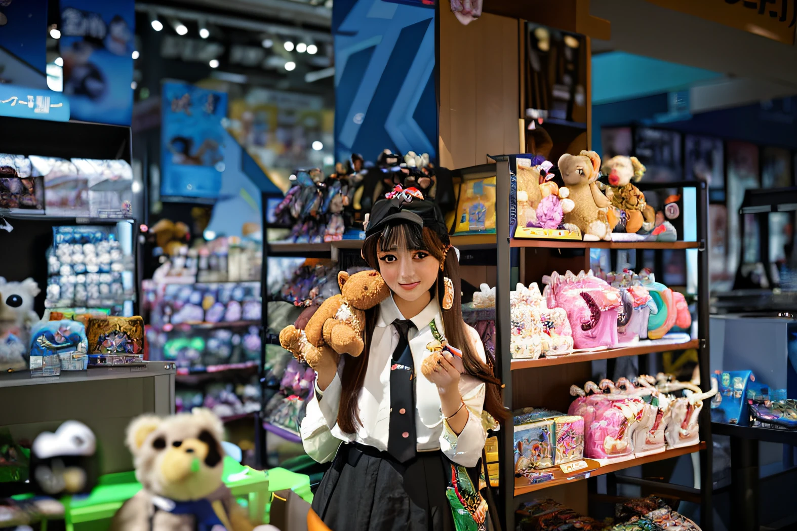 There is a woman in the store holding a teddy bear, Shot on Canon EOS R 6, Anime style mixed with Fujifilm, shot with sigma f/ 4.2, shot with sigma f / 4. 2, in tokyo akihabara, taken in 2 0 2 0, with magical creatures, 🕹️ 😎 🔫 🤖 🚬, the woman holds more toys