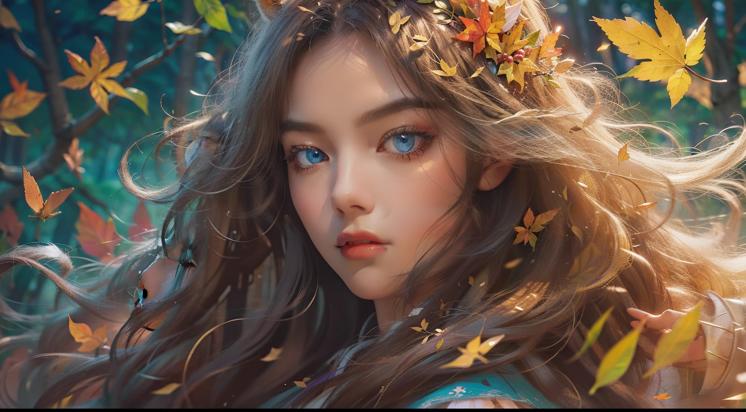 Draw a woman with long hair and blue eyes in a leaf field, And a small squirrel,beautiful digital art, Beautiful digital art beautiful, Beautiful Ultra HD 4K art, beautiful digital art, A beautiful artwork illustration, beautiful digital painting, Very Beautiful Digital Art, beautiful digital painting, beautiful autumn spirit, beautiful fantasy art portrait, beautiful digital art, Autumn wind, Beautiful character painting