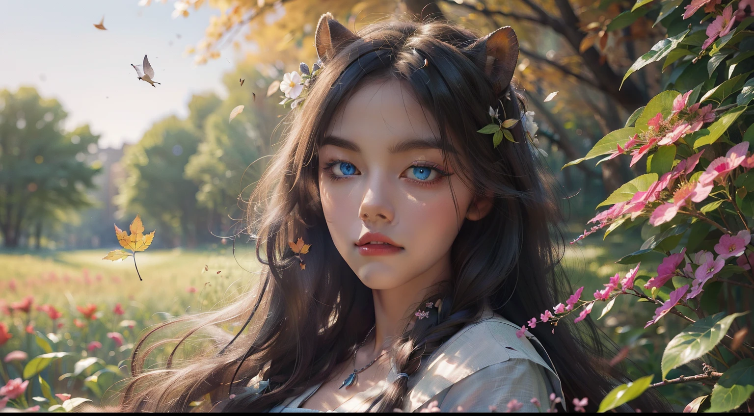 Draw a woman with long hair and blue eyes in a leaf field, And a small squirrel，beautiful digital art, Beautiful digital art beautiful, Beautiful Ultra HD 4K art, beautiful digital art, A beautiful artwork illustration, beautiful digital painting, Very Beautiful Digital Art, beautiful digital painting, beautiful autumn spirit, beautiful fantasy art portrait, beautiful digital art, Autumn wind, Beautiful character painting