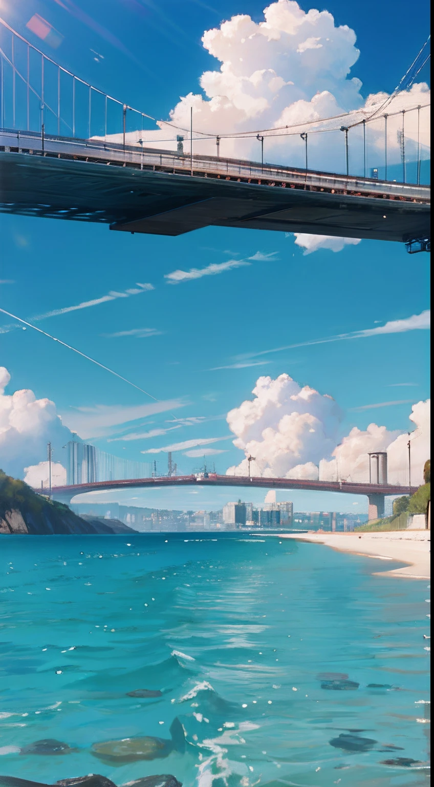 no humans, scenery, vanishing point, from below, masterpiece, best quality, 8k, absurdres, water surface, summer, noon, sunlight, blue sky, perspective, depth of field, highres, finely detail, ultra-detailed, sharp focus