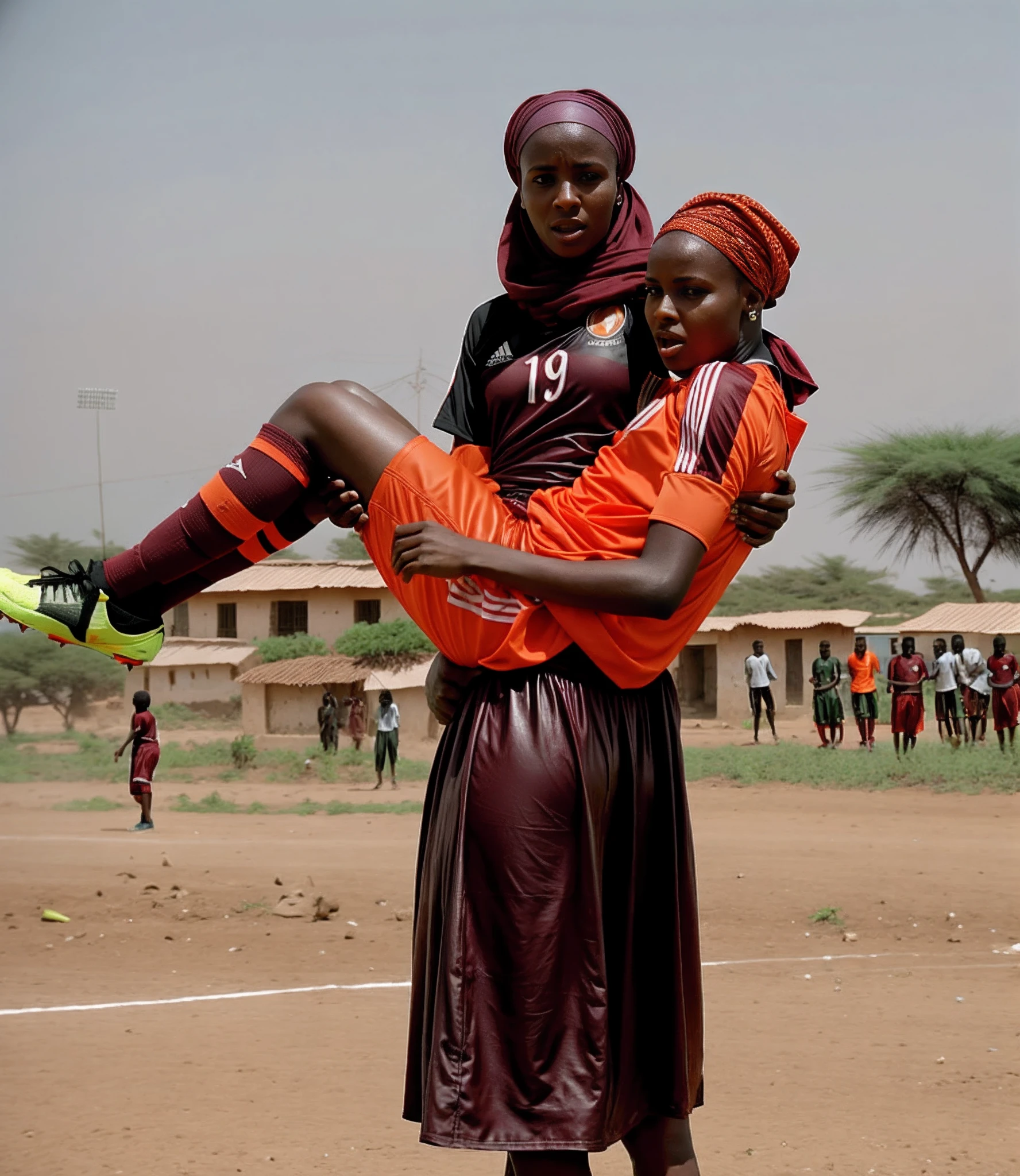 dramatic rescue pose, pity, a somali woman with a very shiny burgundy plastic-headscarf and a high-shine long burgundy leather skirt, a somali woman has a horrofied facial expression when she carries an badly injured bald-headed african soccer player with short black hair in matte orange sportswear, an injured bald-headed african soccer player with short black hair in matte orange sportswear is carried with an extremely agonised facial expression, faces in pain and horror, screaming with pain, shocked facial expression, pityful facial expression, pity, pain, accident, help, soccer, soccer in a somali soccer stadium, woman carrying man, woman carries wounded man with short black hair