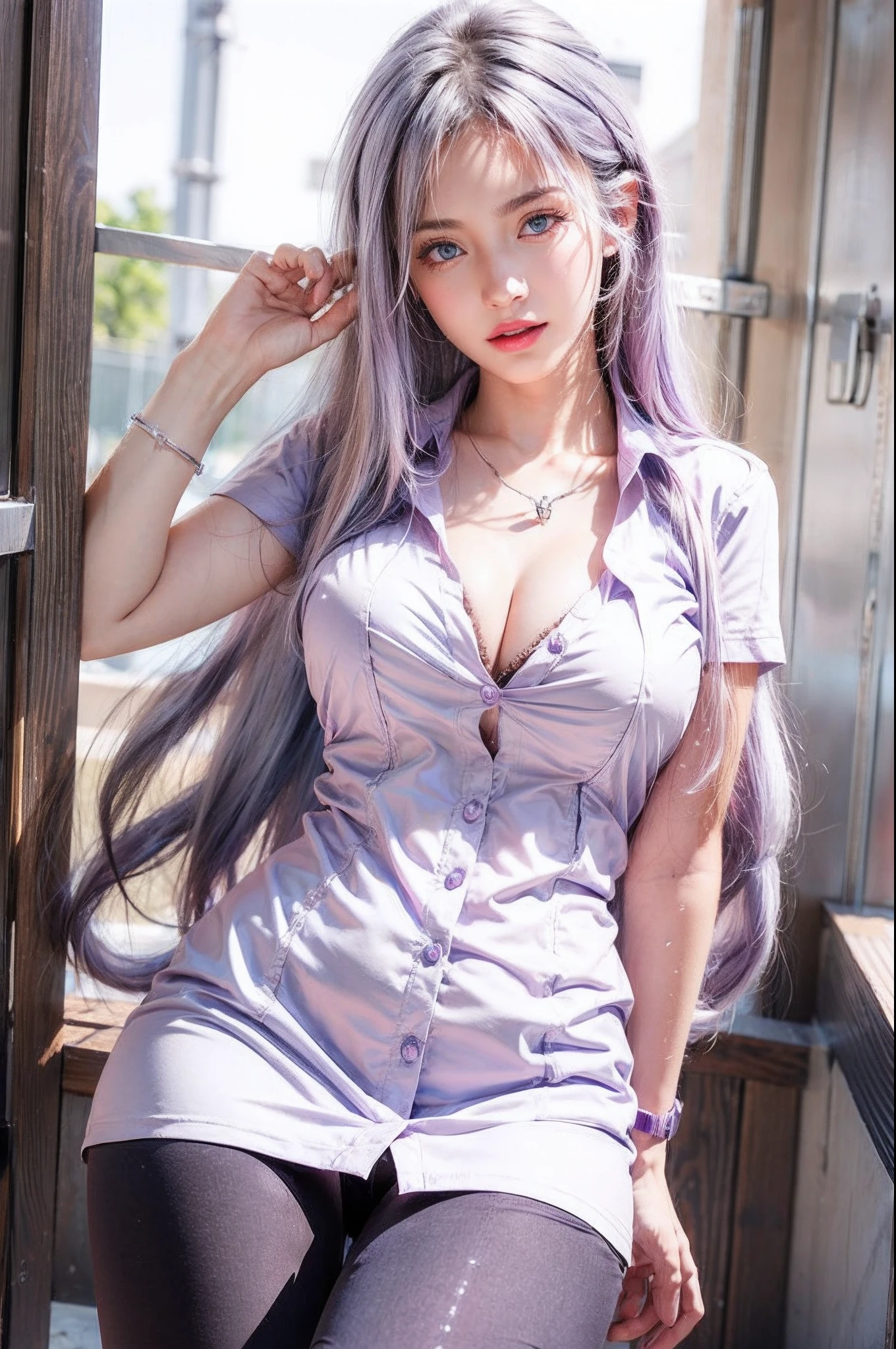 Big boobs,blue ayes, purple hair,Hyper realistic, Ultra detail