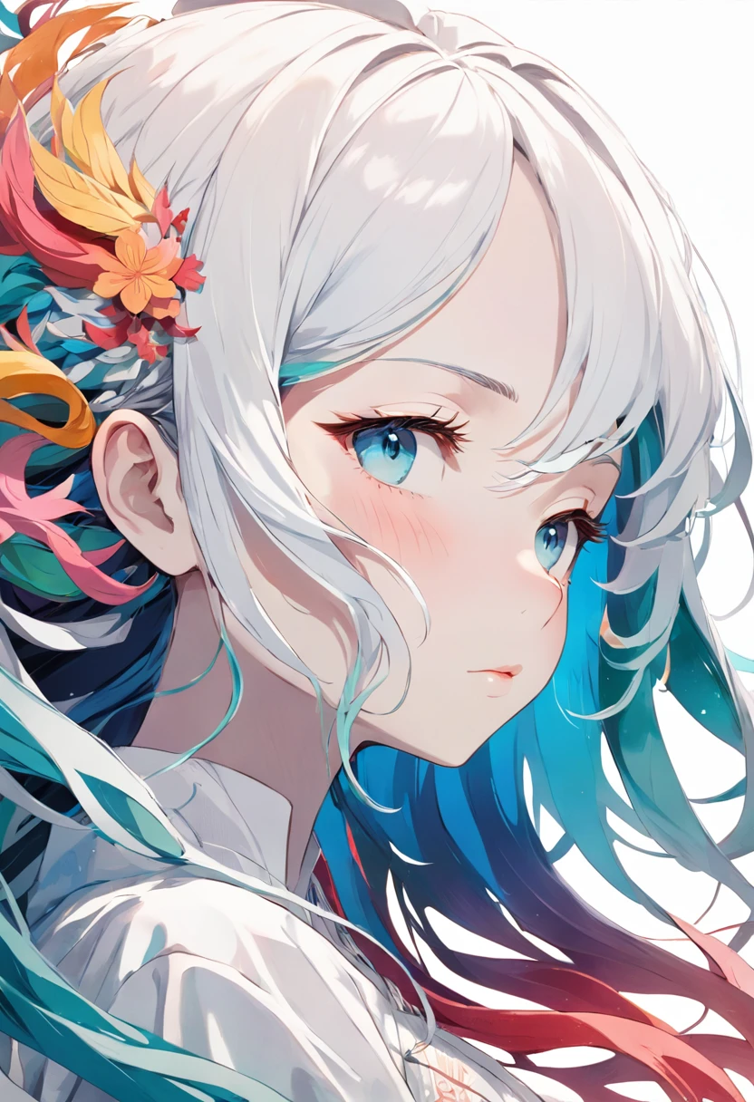 (White background:1.4),(Girl head silhouette, Eyes closed, Long colorful hair, Oriental elements), (Chinese illustration:1.3, paper art:1.3, Quilted paper art:1.2), (Rational design, Clear lines, High sharpness, Best quality, The is very detailed, Cinematic lighting effects for masterpieces, 4k's), Fierce expression