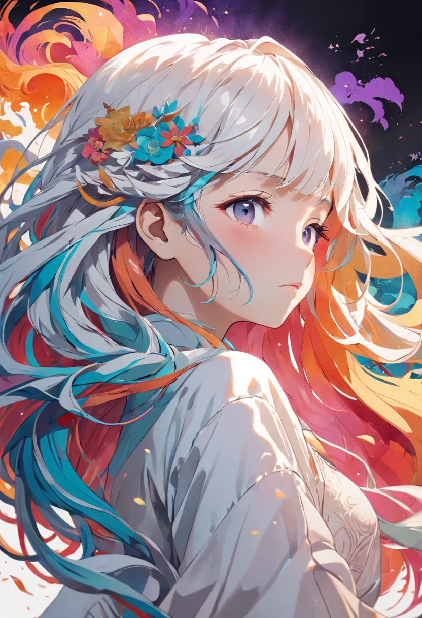 (White background:1.4),（Girl head silhouette, Eyes closed, Long colorful hair, Oriental elements）, （Chinese illustration:1.3, paper art:1.3, Quilted paper art:1.2）, （Rational design, Clear lines, High sharpness, Best quality, The is very detailed, Cinematic lighting effects for masterpieces, 4k's）, Fierce expression