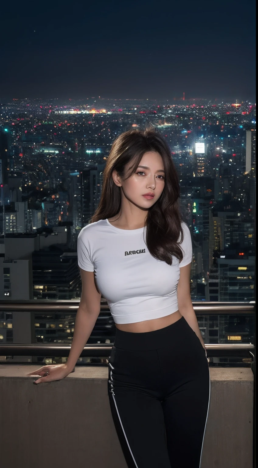 ((midnight, Best quality, 8K, Masterpiece :1.3)), Whole body, Long legs, Sharp focus :1.2, Pretty Women with Perfect Figure :1.4, Slender abs :1.1, ((Dark brown hair, Big breasts :1.2)), (white tight t-shirt, Black gym pants, standing:1.2), ((night cityscape, Rooftop:1.3)), Highly detailed face and skin texture, Detailed eyes, 二重まぶた