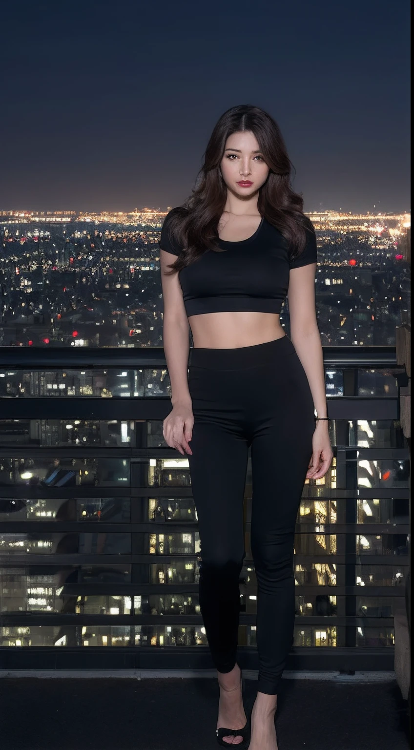 ((midnight, Best quality, 8K, Masterpiece :1.3)), Whole body, Long legs, Sharp focus :1.2, Pretty Women with Perfect Figure :1.4, Slender abs :1.1, ((Dark brown hair, Big breasts :1.2)), (white tight t-shirt, Black gym pants, standing:1.2), ((night cityscape, Rooftop:1.3)), Highly detailed face and skin texture, Detailed eyes, 二重まぶた