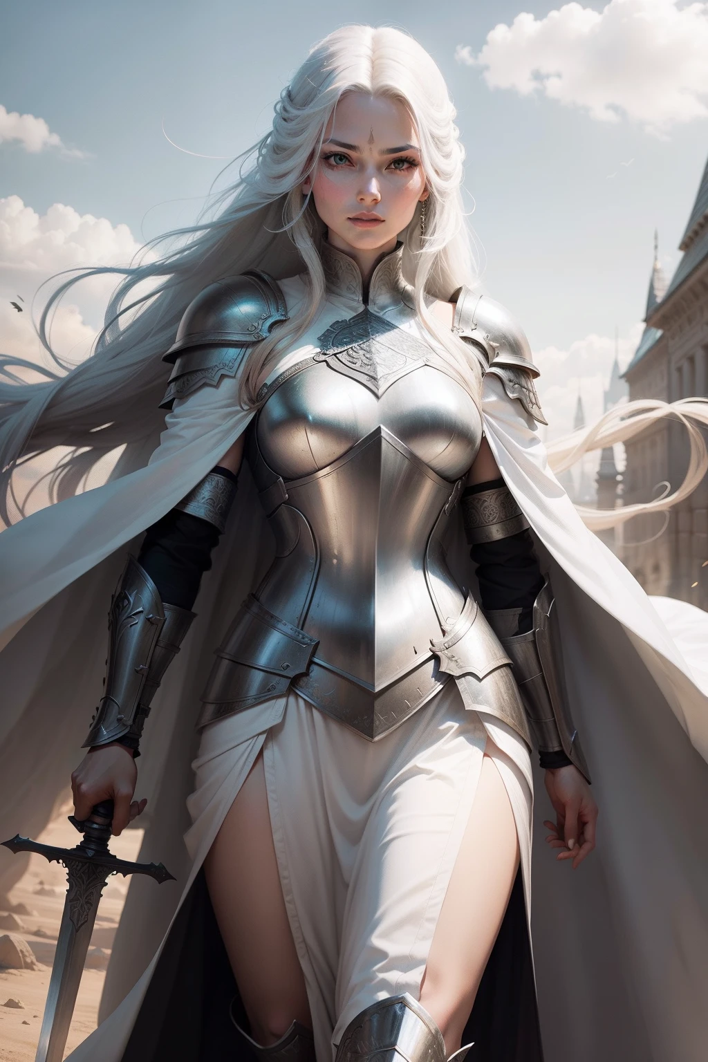 Ancient style woman with sword，Long flowing hair，Wearing armor，Wear a white cape