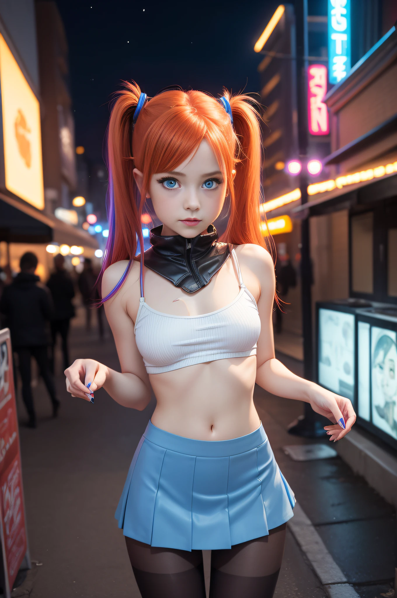 1 girl, solo, (nsfw), cute redhead 18-year-old girl in twin tails, ((perfect female body)), (cute face make up), multiple (rainbow colored hair: 1.2), (beautiful detailed blue eyes: 1.6), (photo realistic eyes: 1.6), happy, Ukrainian, (petite body), ((small hips)), pale white skin, (mini skirt and tube top), (matte pantyhose: 1.6), ("blade runner" style background}, (night time), photo realistic.