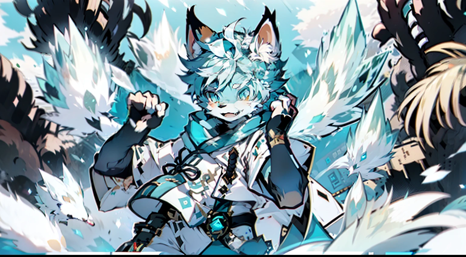 Masterpiece, best quality, highly detailed, Samoyedskaya, human, furry, canine, (furry), (clear cyan eyes), white hair, white dog tail, dog paws, (((black sleeves))), white short sleeves with hood, white cropped pants, swirling wind, control ice, outdoors, (((ice)), floating particles, ethereal power, whirlwind video game Genshin Impact, Genshin Impact style,