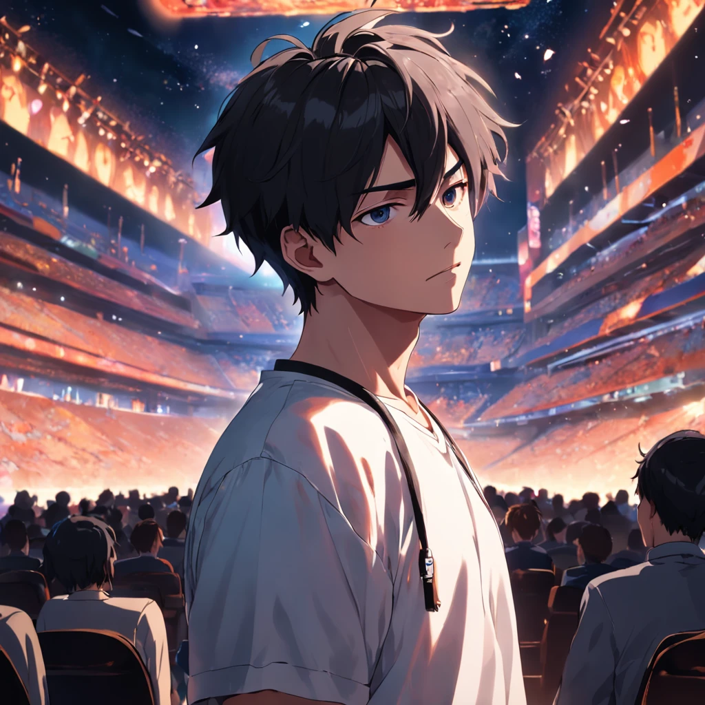 In the daytime，21 years old handsome guy，White T-shirt，black long pants，A gentle face，