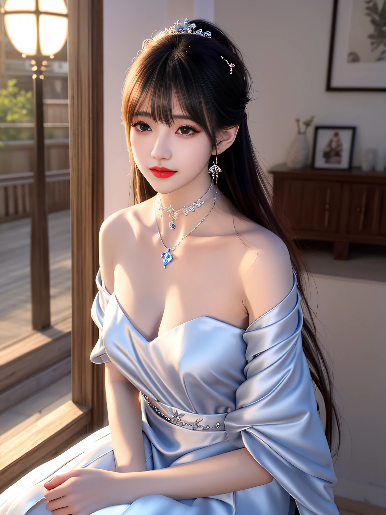 Best quality、tmasterpiece、A high resolution、1girll、perfect body figure :1.4,Delicate collarbones,beautiful make up,Exquisite and perfect facial features,white dresses、Bandeau dress、Sheer silk porcelain dress、(middlebreast:1.1)、hair adornments、looking at viewert、ssmile、二重まぶた、Shut your mouth、cparted lips、shift dresses、choker necklace、jewely、Long flowing hair、耳Nipple Ring、pretty face、On the body、Tindal effect、hentail realism、Tyndall effect,Photorealistic, rim lit, twotonelighting,edge lit,(highdetailskin:1.2)、8K UHD、Digital SLR、high high quality,Volumetriclighting,Digital SLR camera high quality wallpaper、A high resolution