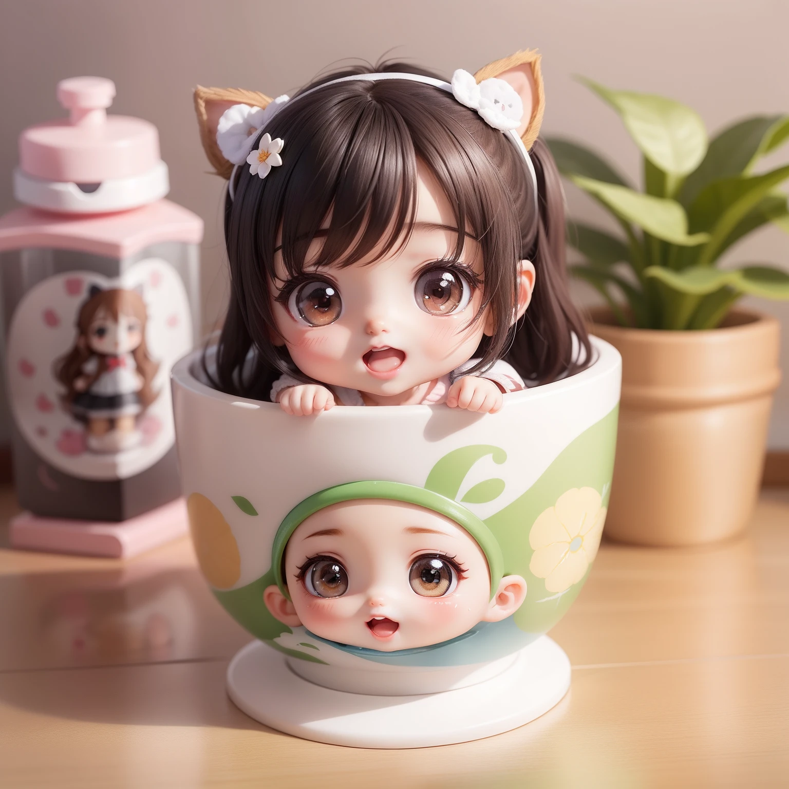 Cute Baby Chibi Anime,（（（Super masterpiece、top-quality、ultra-detailliert、女の子1人、Chibi：1.5））、Chibi bathroom、shampoo、rinse、Body soap、These come in cute containers、A detailed face、Smile with open mouth、fullllbody（Chibi：1.4）、8ｋ