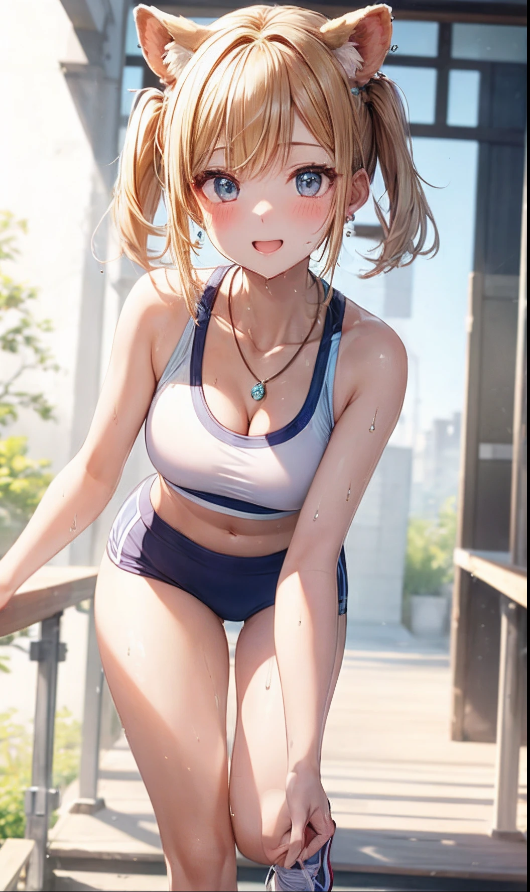 absurderes, ultra-detailliert,bright colour, extremely beautiful detailed anime face and eyes, (独奏:1.6), ;D, shiny_skin,25 years old, Short hair, , asymmetrical bangs, Blonde hair with short twin tails, Shiny hair, Delicate beautiful face, red blush,(lapis lazuli eyes:1.5 ) White skin, hair clips, earrings, a necklace,(Sportsbra:1.2), evening、(running:1.3)、wet、Running through the steppes、