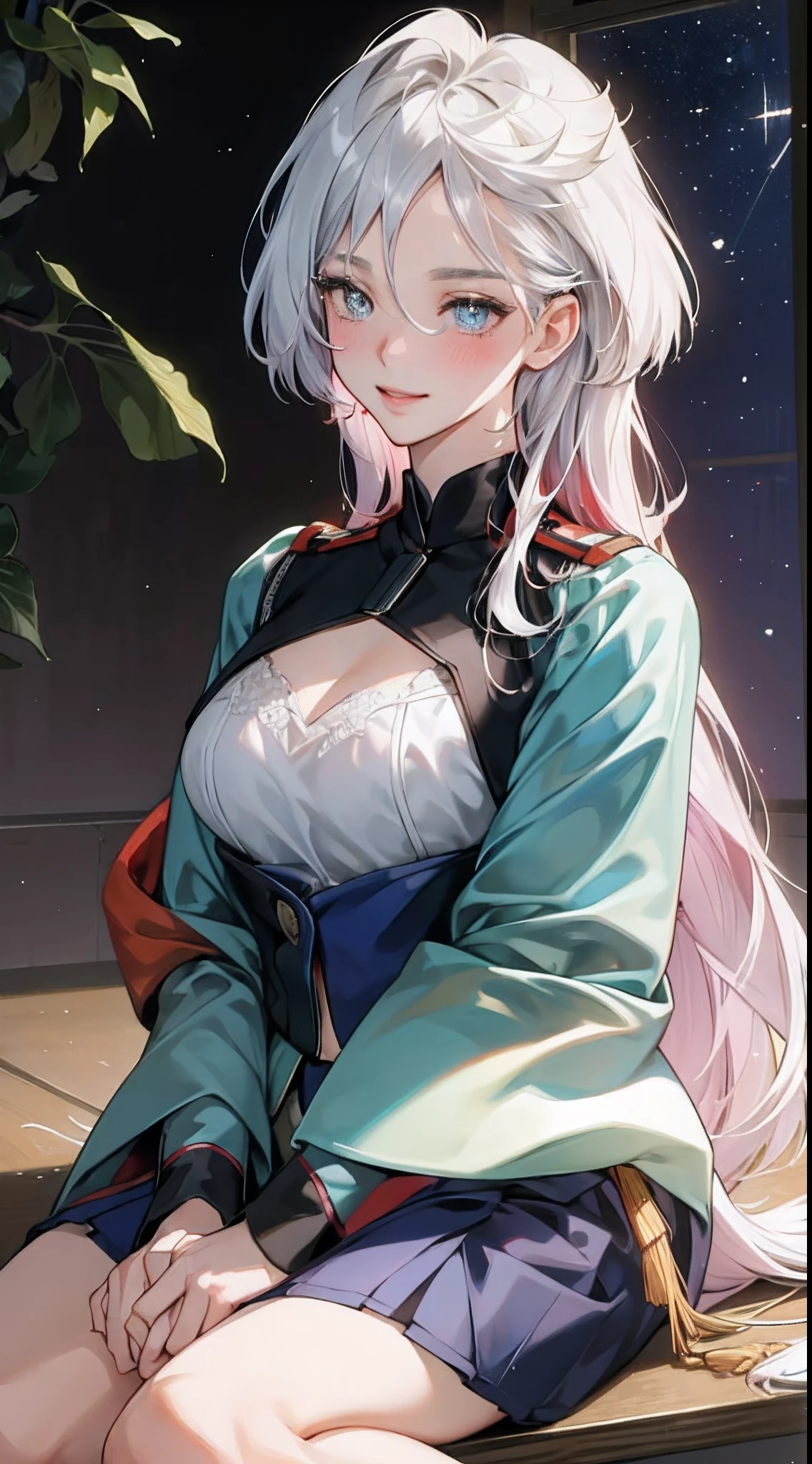 (Best Quality, 8k, 32k, Masterpiece, UHD:1.3), (Photo of Attractive Japanese Woman), 1 Girl, ((moderate Boobs)), Abs, Perfect Body, Ultra Detailed Face, Detailed Lips, Fine Eyes, double eyelids,, (seductive), ((aroused:1.5)), ((areolae slip)), ((in heat)), ((milf)), (Masterpiece), (Best Quality), (The ultra-detailed face),(Illustration), (1Girl), (Fashionable clothing), standing alluring, Fashion model, looking at viewer, facing viewer, sensual pose, (interview), (Simple background),Beautiful detailed eyes, Delicate beautiful face, Floating,(high saturation),(Colorful splash),Colorful bubbles,(glittering), body shot, miorine, light silver hair, hair rings, low ponytail, Floating flowers, (glittering), Best lighting, best shadows, Frontal shots, ((bountiful lush breast:1.2)), ((focus on breast)), close up to face and upper body, ((cleavages:1.1)), perfect body, intricate black underwear, wear white and green military uniform, beautiful smile,