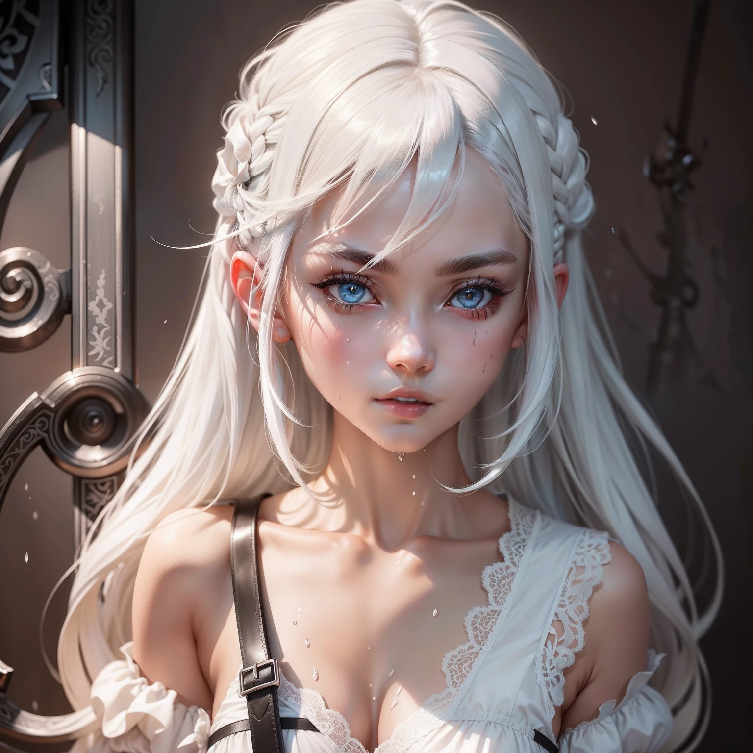White shoulder-length hair,brightly,s girl,He wielded a white scythe in his hand。,Black lace skinny bra,Get wet all over your body,full bodyesbian,quadratic element,Masterpiece,Best quality,1girll,desk ,White hair,Bright eyes,Shirts,