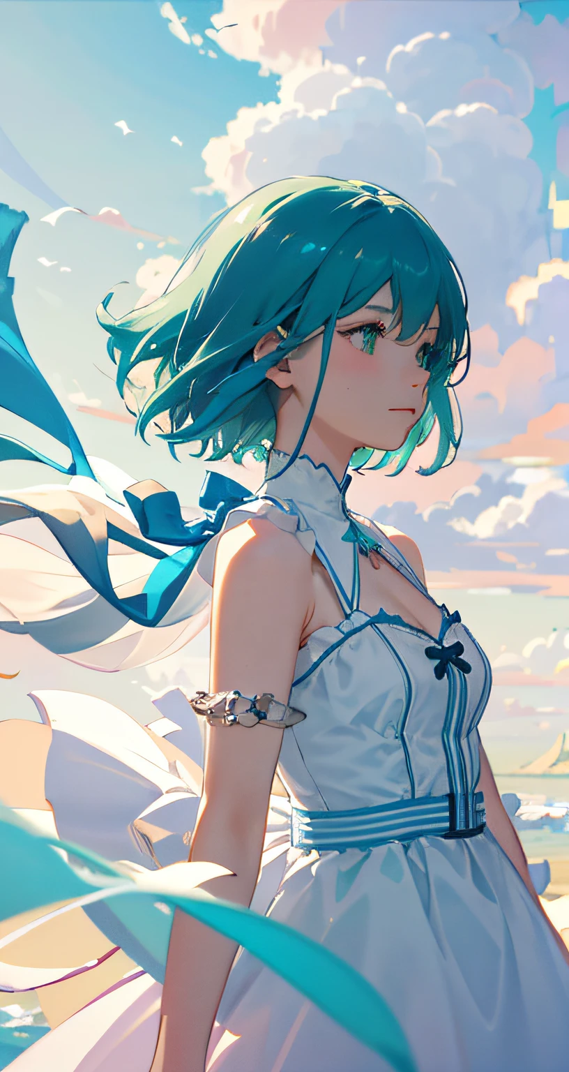 tmasterpiece,best qualtiy,cinematic Film still from,1girll,Floating in the sky,Cloud Girl,clouds,(closeup cleavage:1.1),brightly,cheerfulness,intriguing,gentlesoftlighting,,Shape,lineworks:1.1)。blue green,Medium and short hair,crystal,As night fell,early evening,Ambient