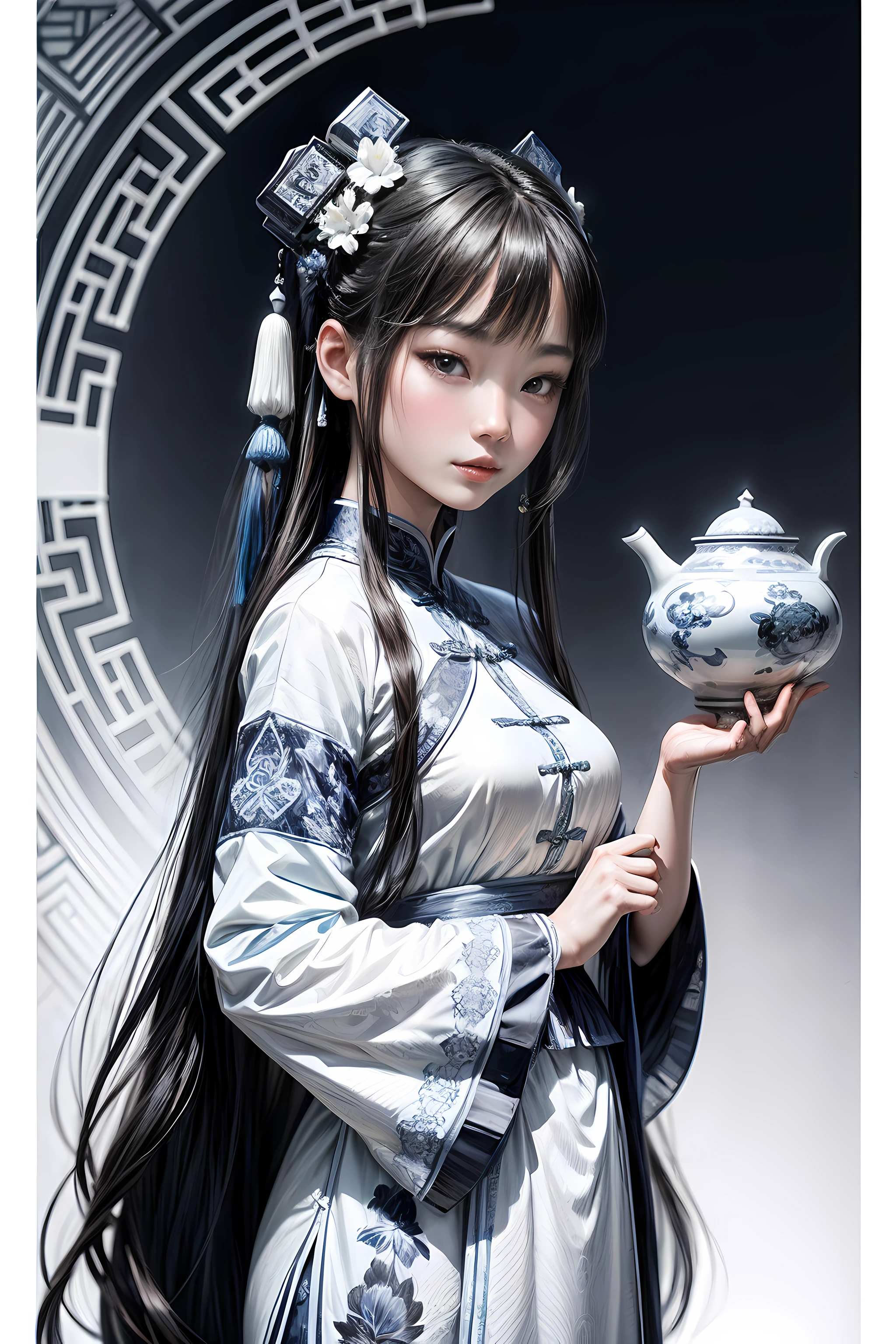 （Blue and white porcelain style：1.6），white backgrounid，1 Chinese girl with long hair，Oriental elements，reasonable design，Clear lines，（Linear，Mono Color）