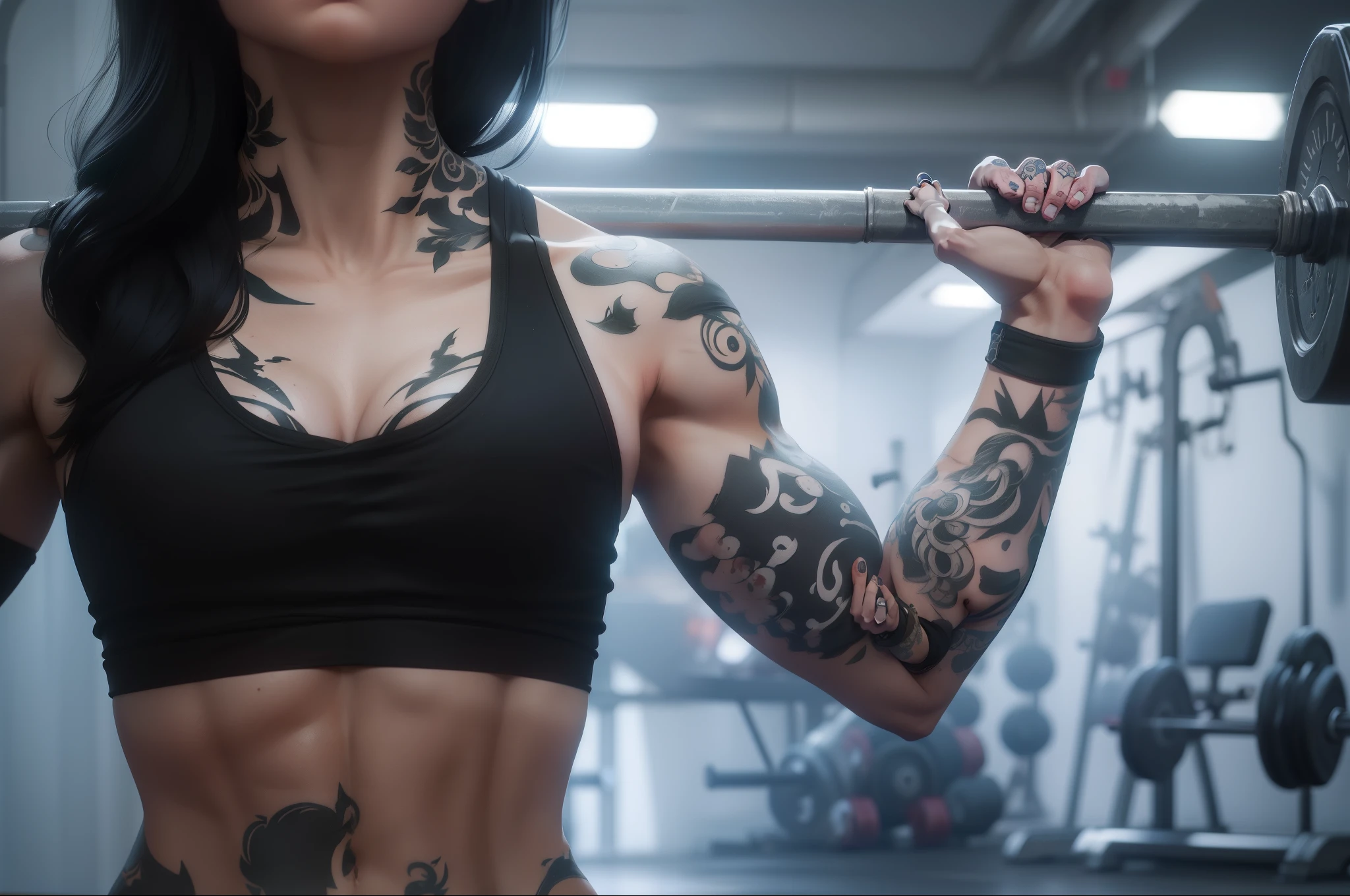 a fitness girl,Tattooed with,Carry a barbell,Finger details,The background is light,Slim figure