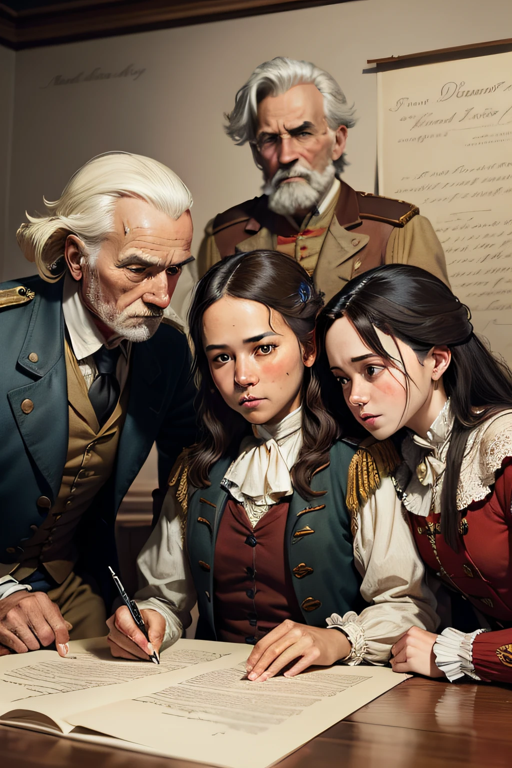 Create illustrations in war poster style，Depicts three citizens of the American colony signing the Declaration of Independence in a 17th-century building. Show them dressed in colonial costumes, Sit around a table，There are documents in front of you。, Sign it with determination and a sense of solidarity.Evoke the spirit of revolution and freedom with bold patriotic colors. Add historical realism by adding stale and worn textures to the poster.Put colonial citizens in a powerful and influential combination, Demonstrate their commitment to independent causes. Use strong lines and contrasting colors to make the character stand out.Contains text elements with bold and impactful fonts, wie z《Declaration of Independence and Freedom for All》, Convey the importance of the present moment and the meaning of their actions.Images should capture the essence of historical war posters, Inspire viewers to recognize the bravery and sacrifice of these colonial citizens
