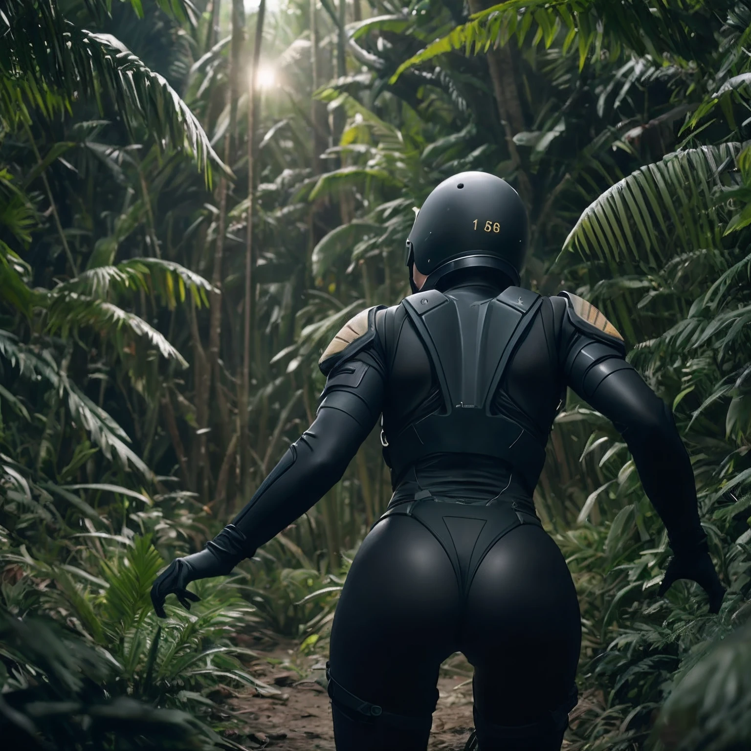 Highly detailed cinematic film stills、Hip level shot、(female soldier、High-tech black Exo suit、wearing helmet, Drive through the jungle),(lush vegetation)、(mont:1.1)、(god rays:0.4)、dense alien jungle、Toned bod,(lensflare0.4,(Bloom:0.5)、particle effect、Cinema Lighting、(softlighting:0.6)、Prominent projections、Deep Depth Of Field、(film grains:0.5)、Leica SL(Typ 601)Shooting with a mirrorless digital camera、50mm wide angle lens、F2.8 aperture、Deep Focus、(RAW)、Still of Cinematic Film Gravity 2013, Tyrannosaurus appear,