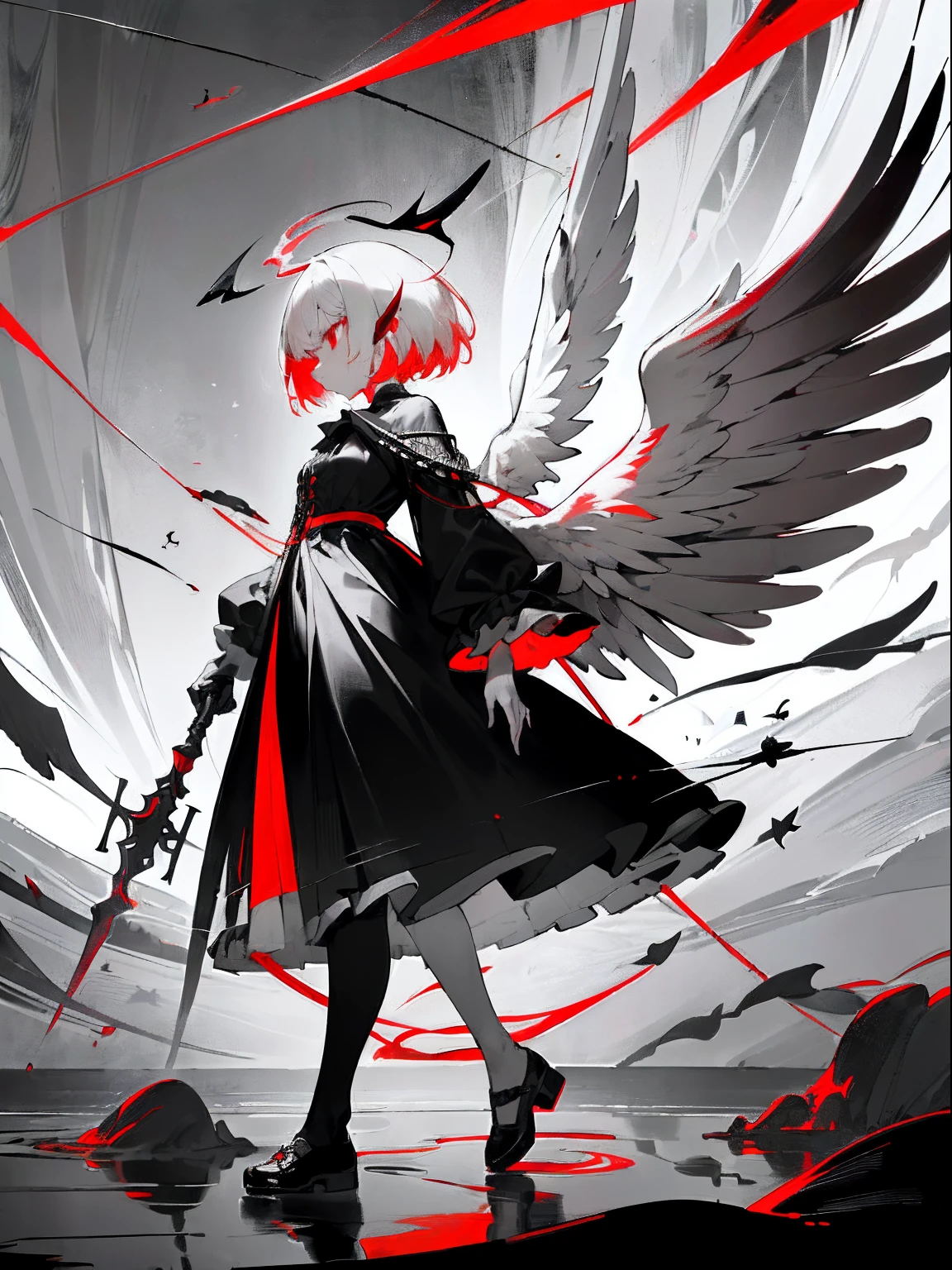 absurderes,((masutepiece)),Solo,beautifull hands,(angel of death(Black and white angel wings,Black clothe,White hair color,Red eyes,Innocent,Beautiful,Mystical,Convoluted,Detailed)),She is walking in the Black Sea,Colorful refraction,Surreal,Convoluted,Gray world,Infinitely wide sky