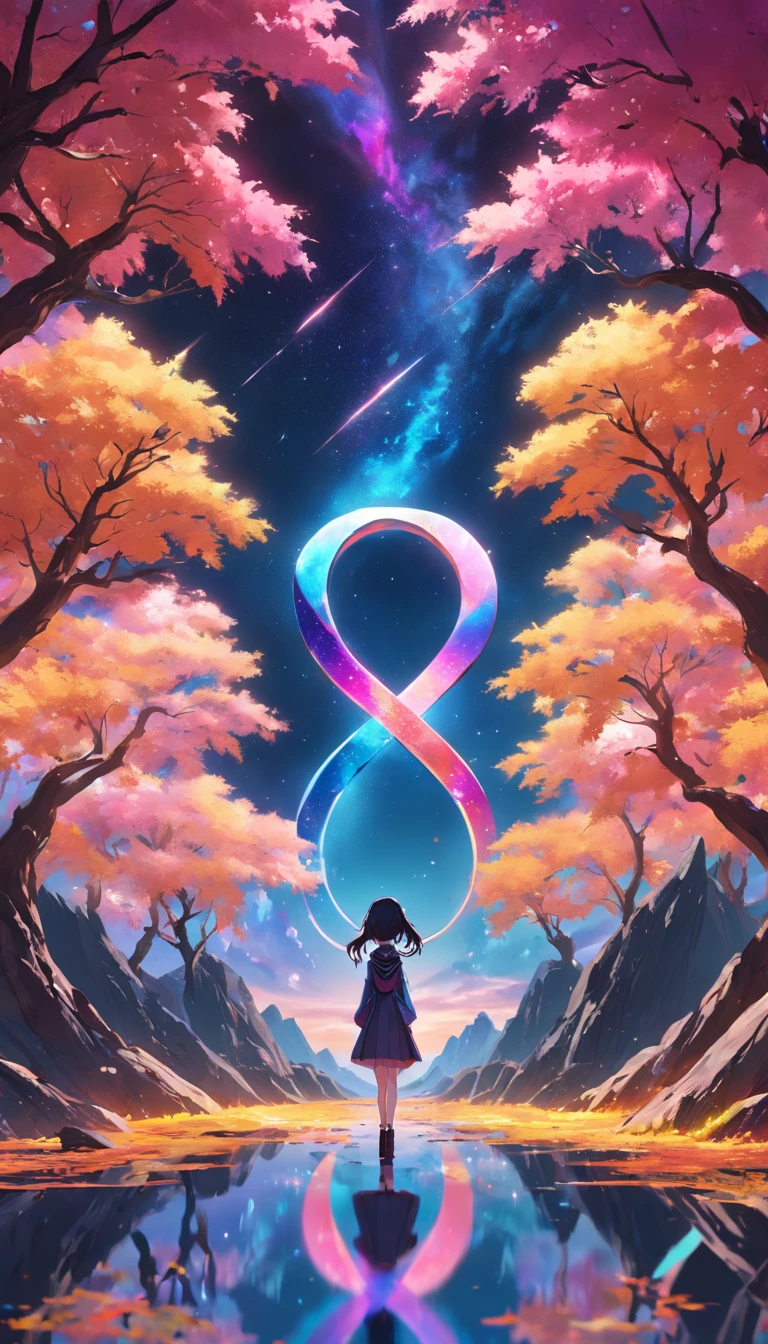 Infinity symbol，3 d model，Colorful colors，Landscape background