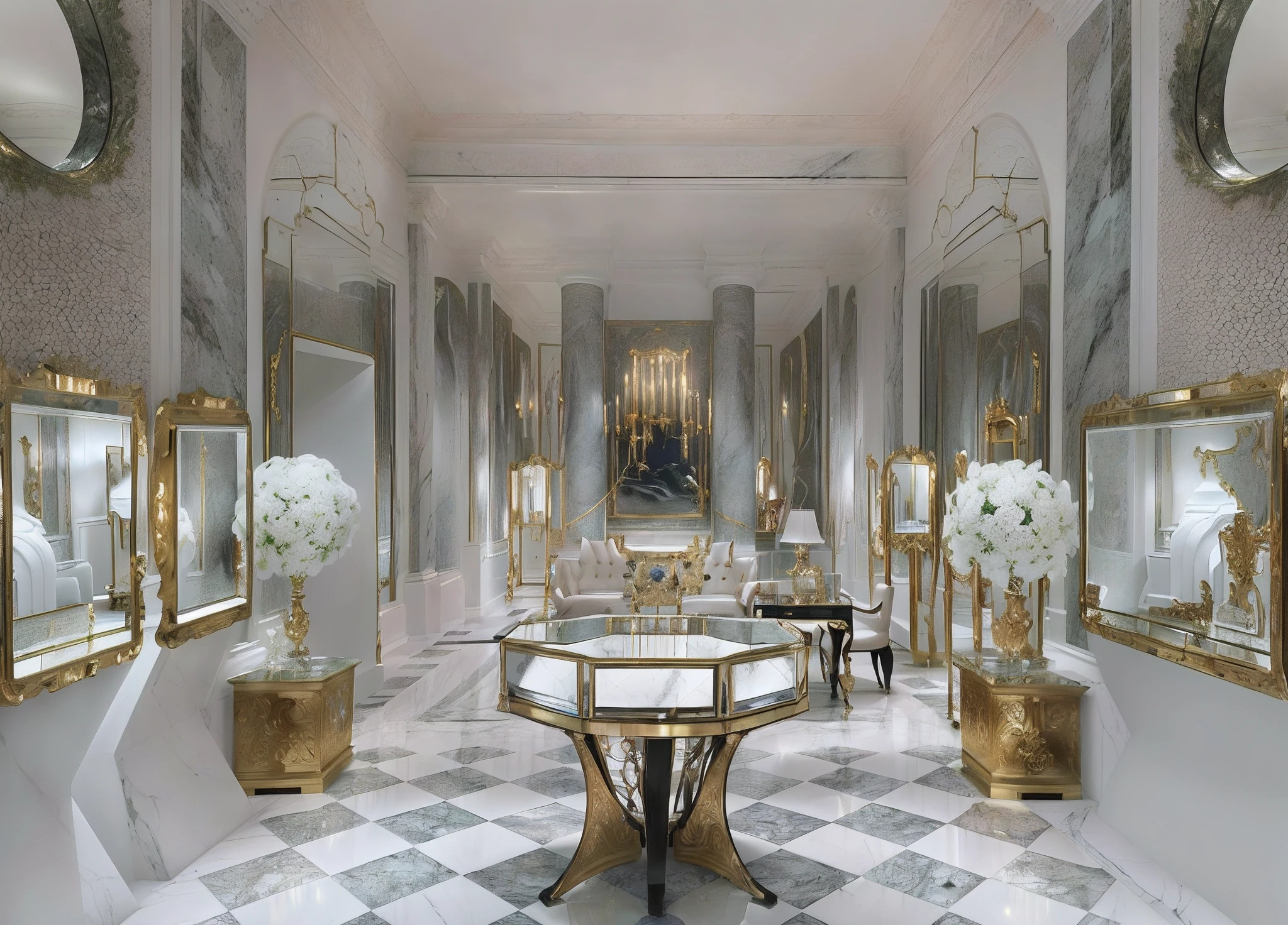 There is a room with a table and a mirror, Marble room, neoclassical style, tiffany, Neo - Classic Style, Interior photo of white marble, Black and luxury materials, inside a grand, masterpiece work of art, vd, joule, Cartier, stunning masterpiece, bulgari, chaumet, by Gabriel Ba, stunning masterpiece, Tiffany Style, B