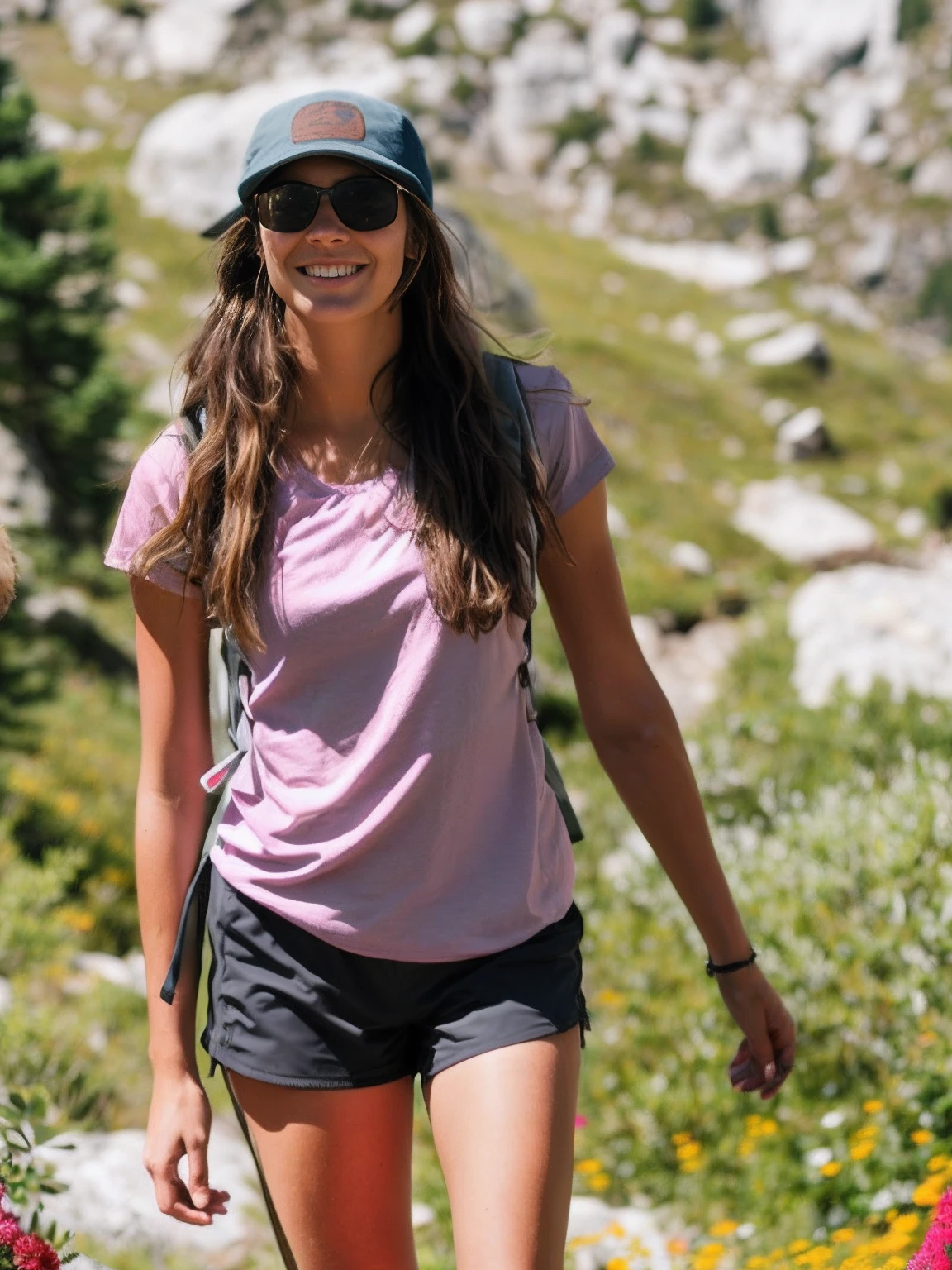 Alafi woman walking on the mountain with a backpack and hat, hiking clothes, girl walking on mountain, hiking in rocky mountain, girl walking in a canyon, solo hiking in mountains trees, wearing adventure gear, white shorts and hiking boots, girl standing on mountain, Outdoors, victoria siemer, In the mountains, Beautiful views, corinne day