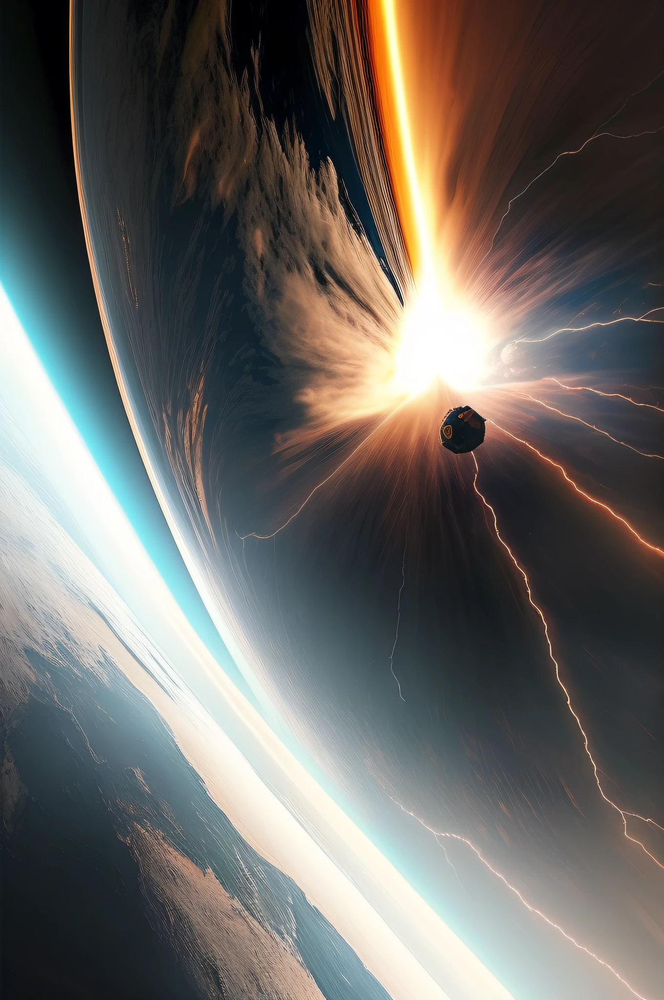 Interstellar, planet explodes, black hole, magnetic superstorm, many astronauts, many spaceships, many planets, surreal images, super resolution quality, 32k resolution , extremely detailed description, Cinematic, Hyper-detailed, insane details, Beautifully color graded, Unreal Engine, Super-Resolution, Megapixel, Cinematic Lightning, Anti-Aliasing, Post Processing, Post Production, Tone Mapping, Insanely detailed and intricate, Hyper maximalist, Hyper realistic, Volumetric, Photorealistic, ultra photoreal, ultra-detailed, intricate details, Super detailed, Full color, Volumetric lightning, HDR, Realistic, Sharp focus,