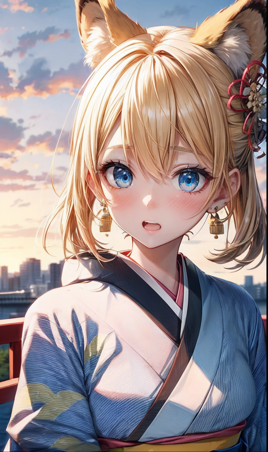 absurderes, ultra-detailliert,bright colour, extremely beautiful detailed anime face and eyes, (独奏:1.5), ;D, shiny_skin,25 years old, Short hair, , asymmetrical bangs, Blonde hair with short twin tails, Shiny hair, Delicate beautiful face, red blush、(Deep Blue Eyes:1.3), White skin, hair clips, earrings, a necklace,(Kimono:1.6), (Surprised:1.5),Beautiful Kyoto, Dusk sky,
